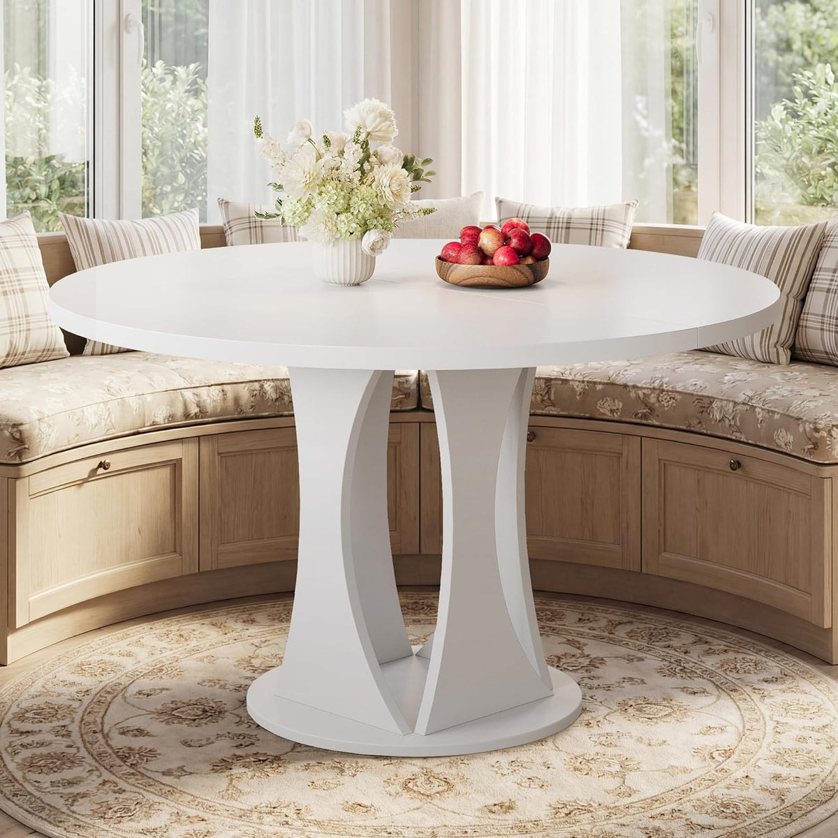 iPormis 43"-59" Extendable Dining Table, Round Kitchen Table with Modern Arcs Pedestal, Oval Dinner Table with Removable Leaves,Hidden Storage, for Kitchen, Dining Room, Living Room, Office, White