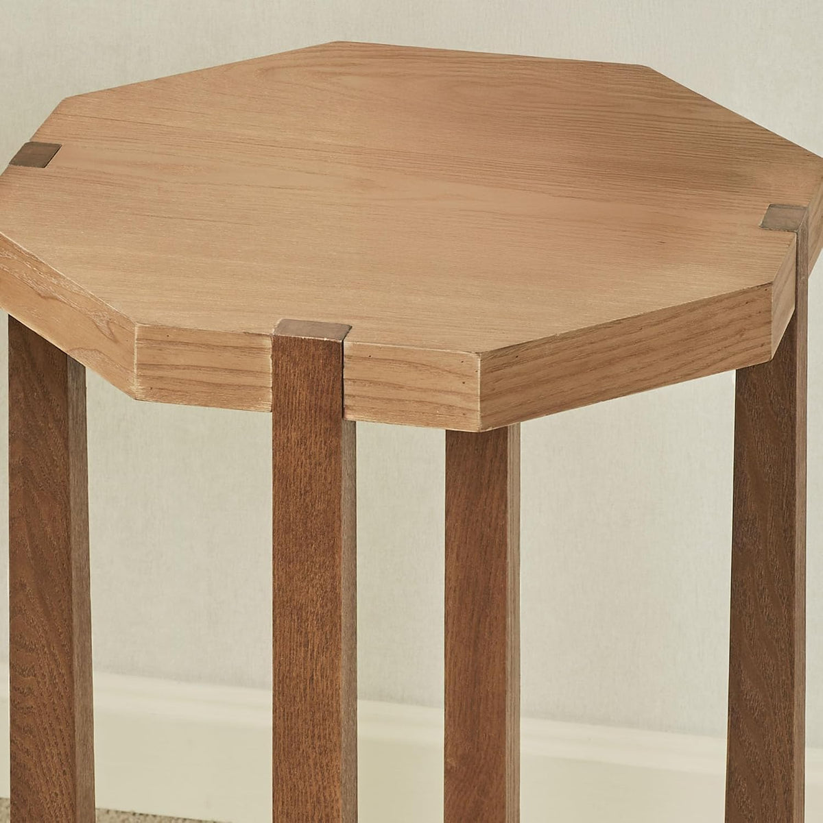 Huxley Octagonal End Table with Weathered Oak Top and Dark Walnut Crossing Legs | 16 inch Diameter x 26 inch high | Wooden Side Table for Living Room, Bedroom, or Office | Modern | Geometric