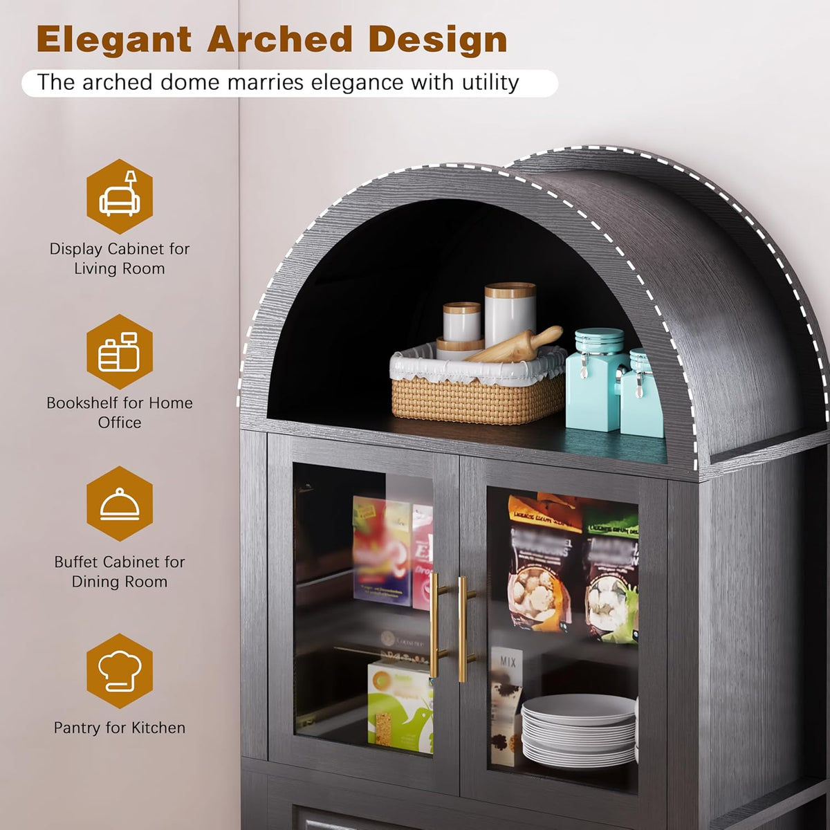 Kitchen Pantry Cabinet with Arched Top, White Storage Cabinet with Adjustable Shelves, Freestanding Cupboard with Drawer and Door Organizers, 70.8H x 31.5W x 15.75D Inches (Black)