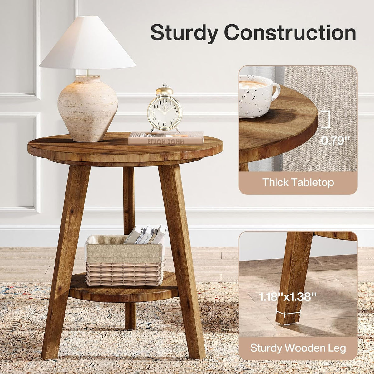 Solid Wood Round End Table, Sofa Side Table with Storage Shelf, Farmhouse Nightstand for Living Room, Bedroom, Easy Assembly (1)