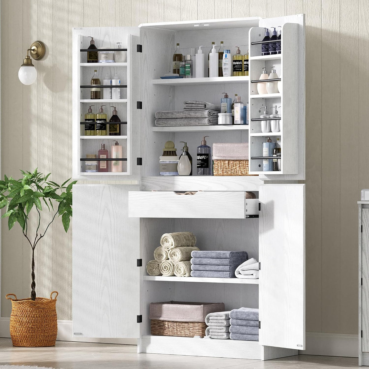 72 Inch Farmhouse Kitchen Pantry Cabinet with Unique Curved Design, 4-Door Storage with 8 Adjustable Door Shelves, 3 Adjustable Shelves & Hidden Drawer, Freestanding (Curved Design + White)