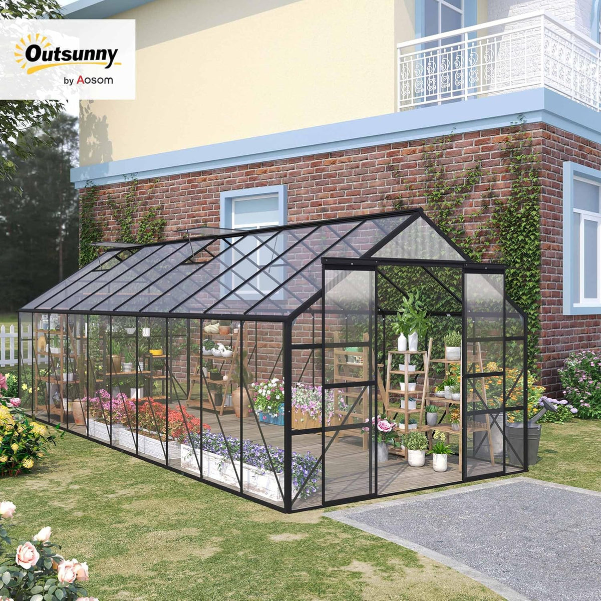 Outsunny 20' x 8' Polycarbonate Greenhouse with Aluminum Frame, Walk-in Garden Greenhouse Kit with Adjustable Roof Vent, Rain Gutter and Sliding Door for Backyard, Patio, Clear