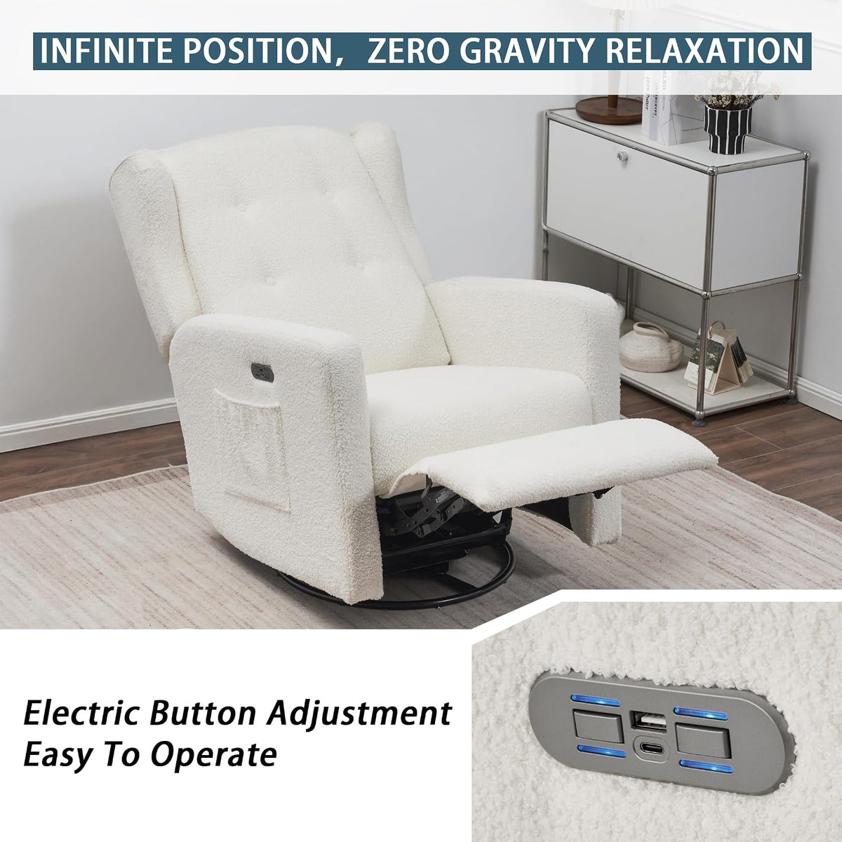 Ketaiyou Power Swivel Rocking Recliner Chair, High Back Electric Rocker Nursery Glider Chair, USB and Type-C Ports, Upholstered Teddy Fabric Reclining Single Sofa Chair for Living Room (Teddy Beige)
