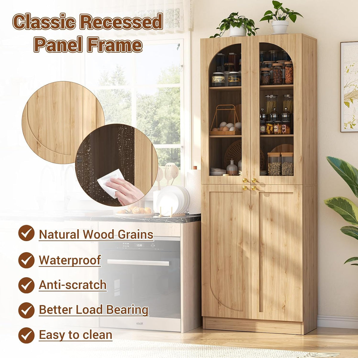 Cyclysio 80" Tall Kitchen Pantry Cabinet, 47" Wide Arch Storage Cabinets with Glass Doors and Adjustable Shelves, Freestanding Wood Floor Cupboard with Seamless Fit Wall for Living Room, Dining Room