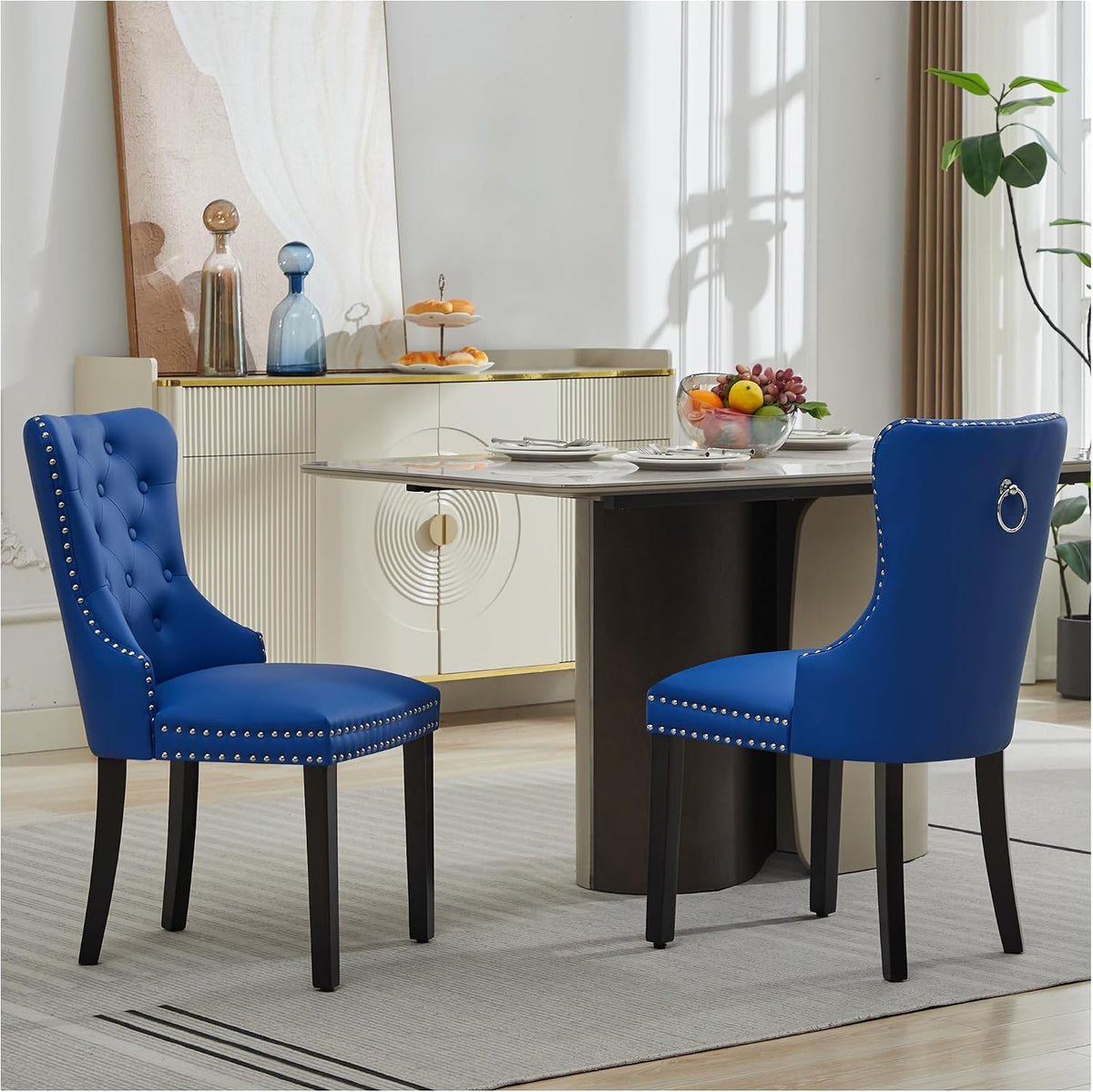 adochr PU Leather Dining Chairs Set of 6, Tufted Upholstered Dining Room Chair with Pull Ring and Solid Wood Legs, Blue