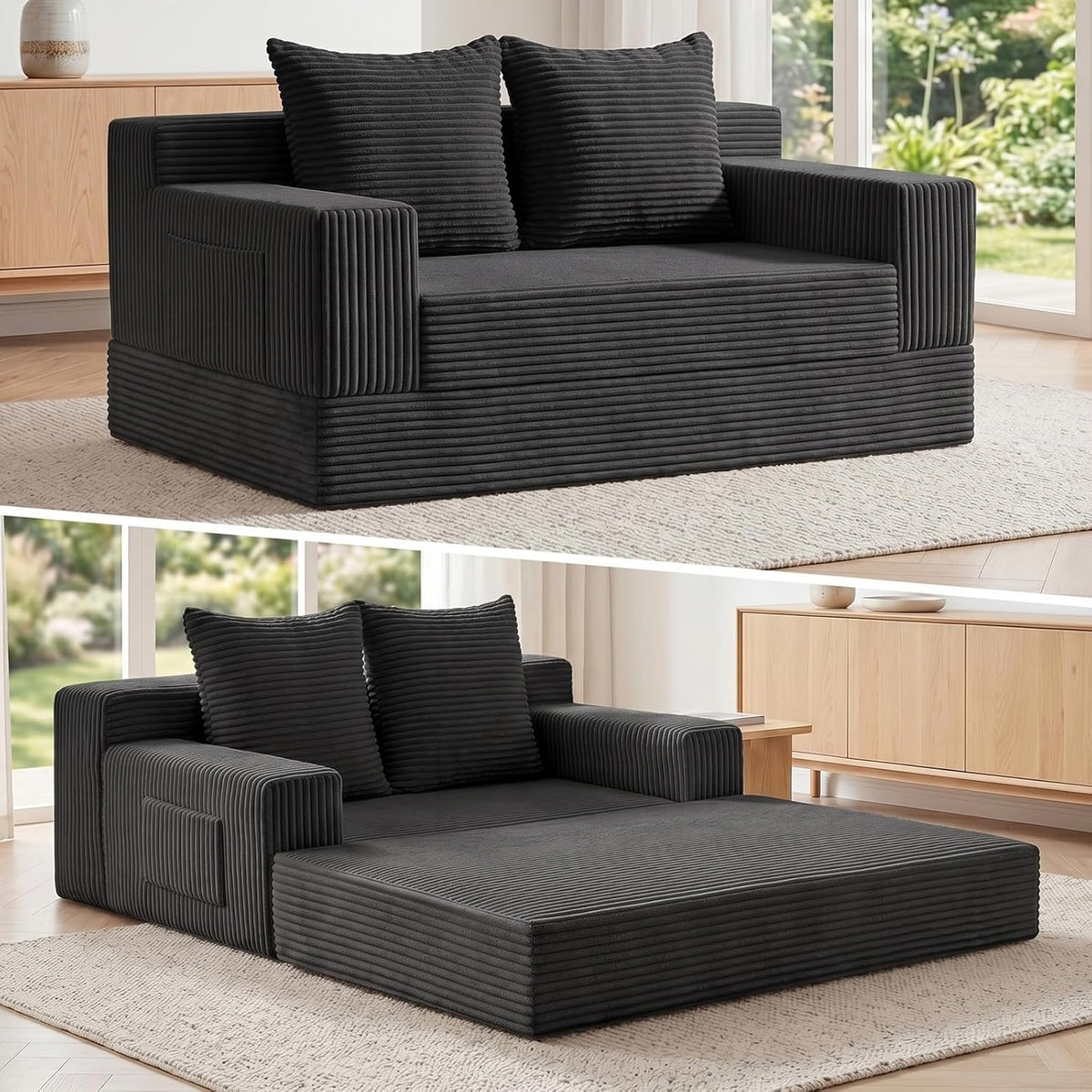 Loveseat Small Couch Bed, Futon Sleeper Sofa Bed,Convertible Pull Out Couch with 2 Pillows,Corduroy Folding Floor Couch for Living Room,No Assembly Required,Black