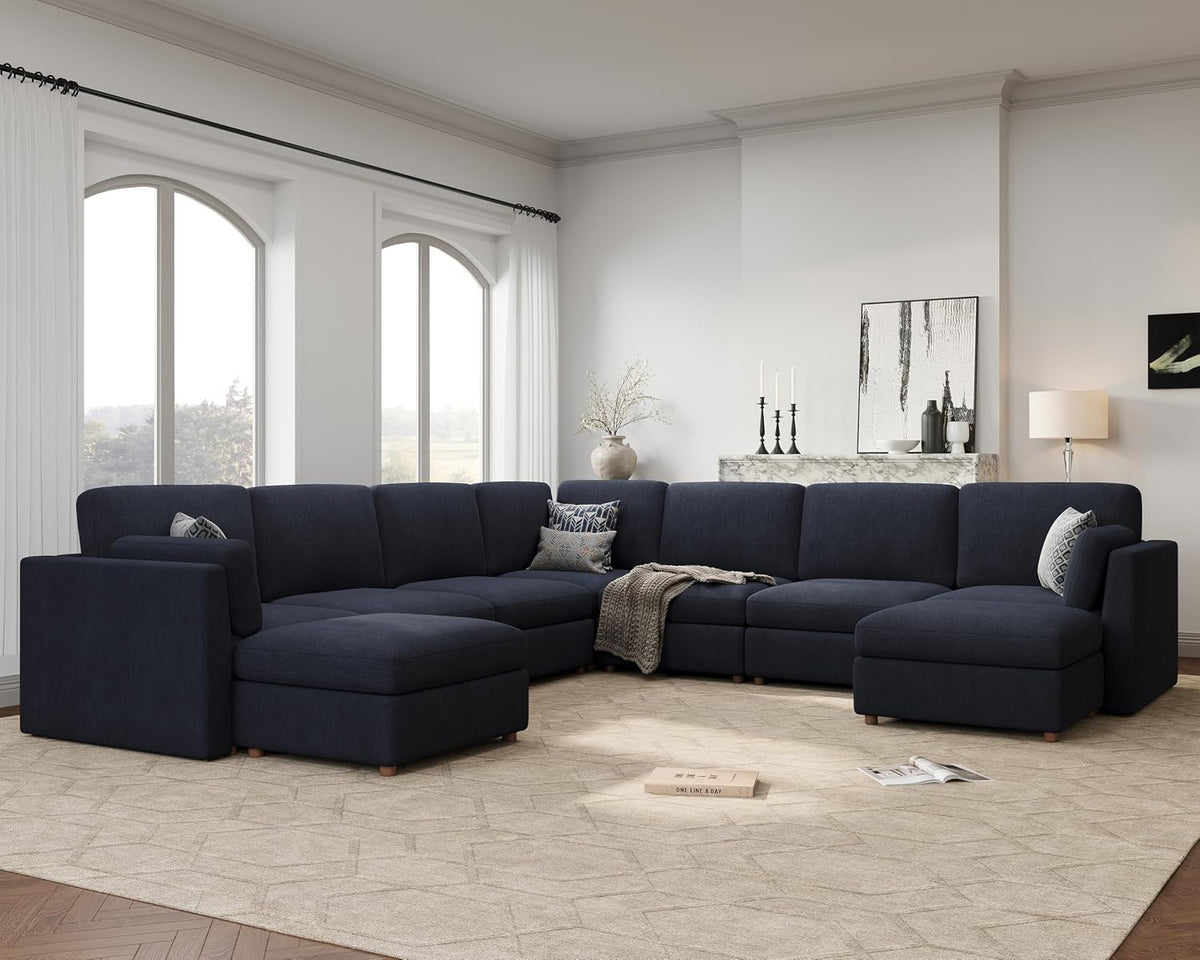 Oversized Modular Sectional Sofa U-Shaped Cloud Couches Blue | 9 Seater Large Deep Seat Couch Luxury Sectional Couches for Living Room, Solid Wood Frame, Removable Washable Cover