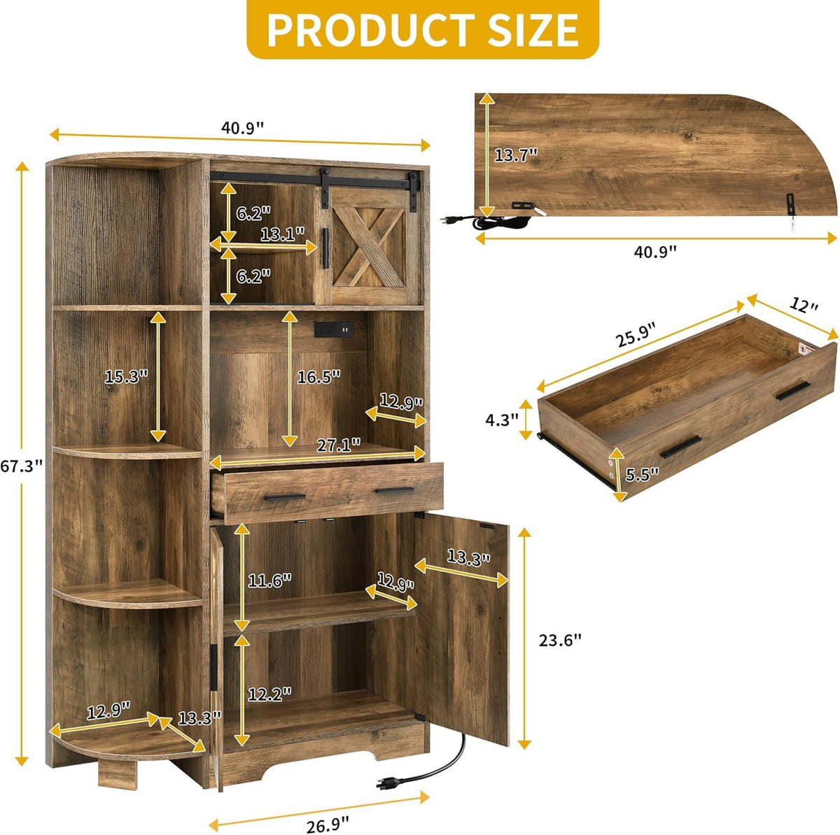 DWVO Kitchen Pantry Cabinet with Power Outlet, 67" Tall Farmhouse Pantry Storage Cabinet with Barn Doors, Drawer & Microwave Stand, Freestanding Hutch for Kitchen & Dining Room, Rustic Brown