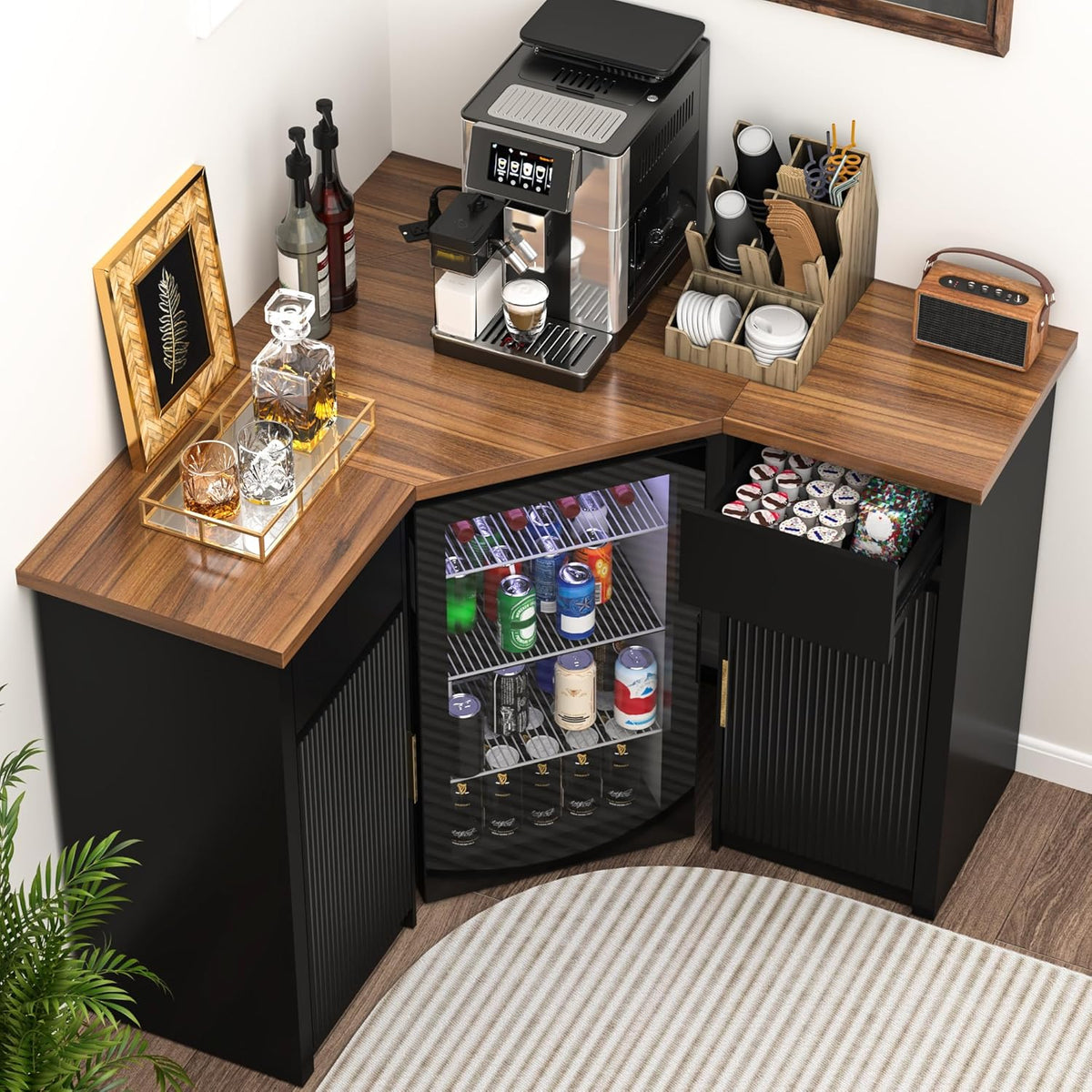 GDLF Corner Coffee Bar with Fridge Space, L Shaped Liquor Cabinet,Black | L-Shaped Countertop, Wine Glass Rack, Adjustable Shelves, Drawer Storage, Power Outlet, Coffee Station for Home & Kitchen