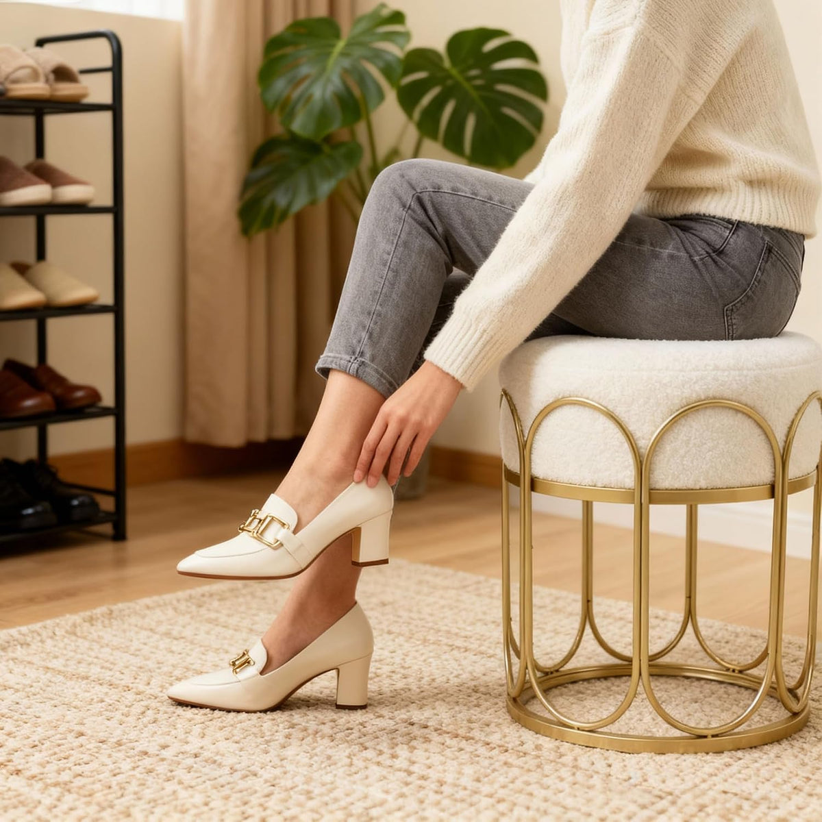 Pre-Assembled Modern Gold Vanity Stool, White Sherpa Boucle Round Ottoman & Metal Frame Pouf, 17.7" No Assembly Required Makeup Chair, Cozy Teddy Footrest for Bedroom & Living Room