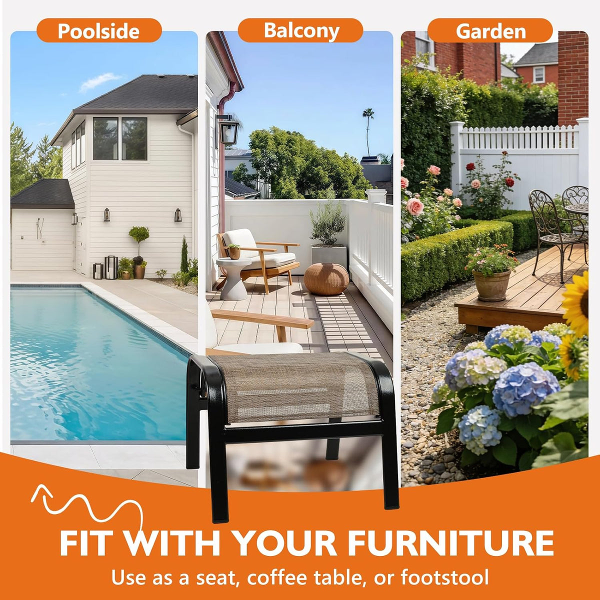 Outdoor Patio Footstool Ottoman Assembled 2 Set All Weather Breathable Metal Frame Greige