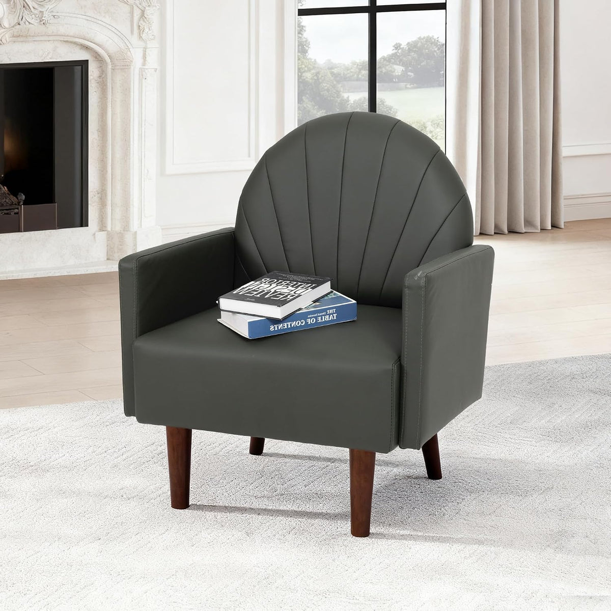 Modern Upholstered Single Sofa Chair，PU Leather Armchair Vanity Chair Shell Back Accent Chair with High Resilience Foam Cushion, Spacious Seating Reading Chair for Living Room Bedroom (Sage Green)