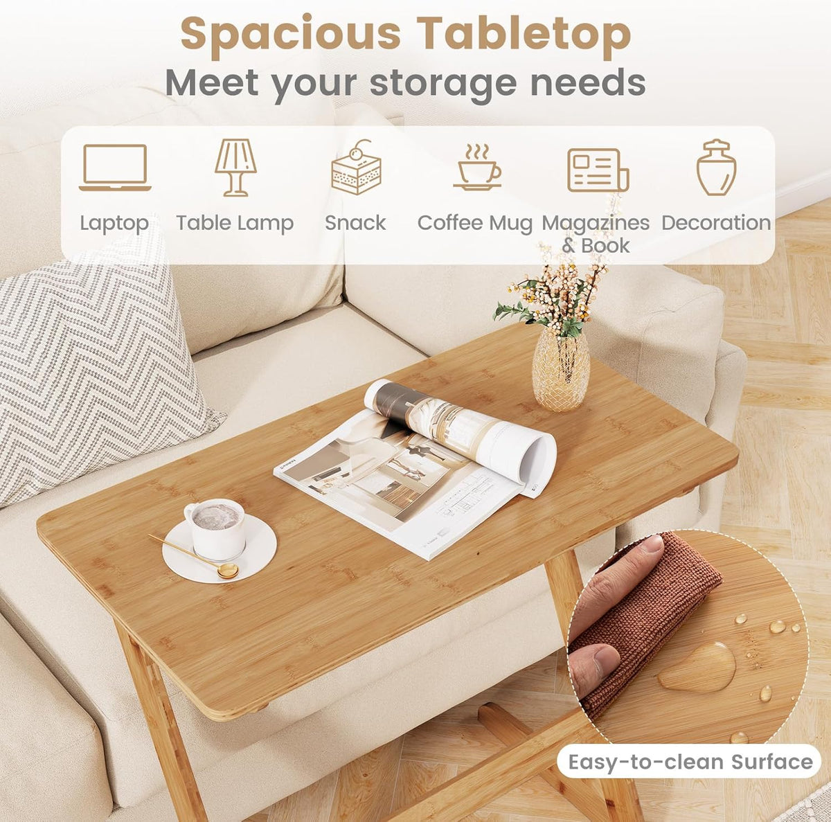 Giantex Bamboo TV Tray Table Set of 2, Z Shaped Sofa Side Table for Eating Snacks Coffee Laptop, Modern TV Dinner for Small Spaces Living Room Bedroom, Natural