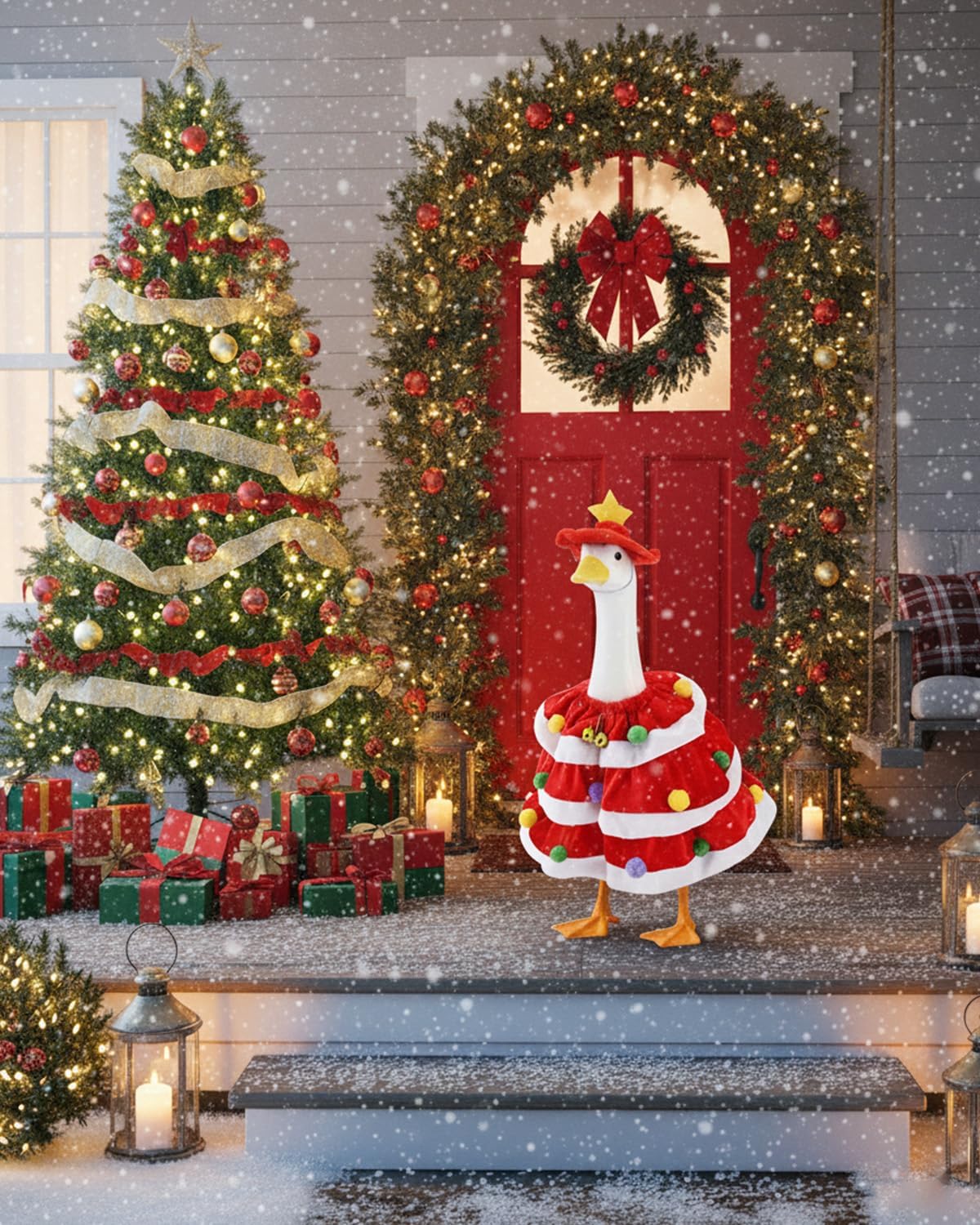 Christmas Porch Goose Outfits with Bells, 2 Pcs/Set Lawn Cement Goose Clothes, 23" Patio Yard Garden Geese Costume Decoration, Red