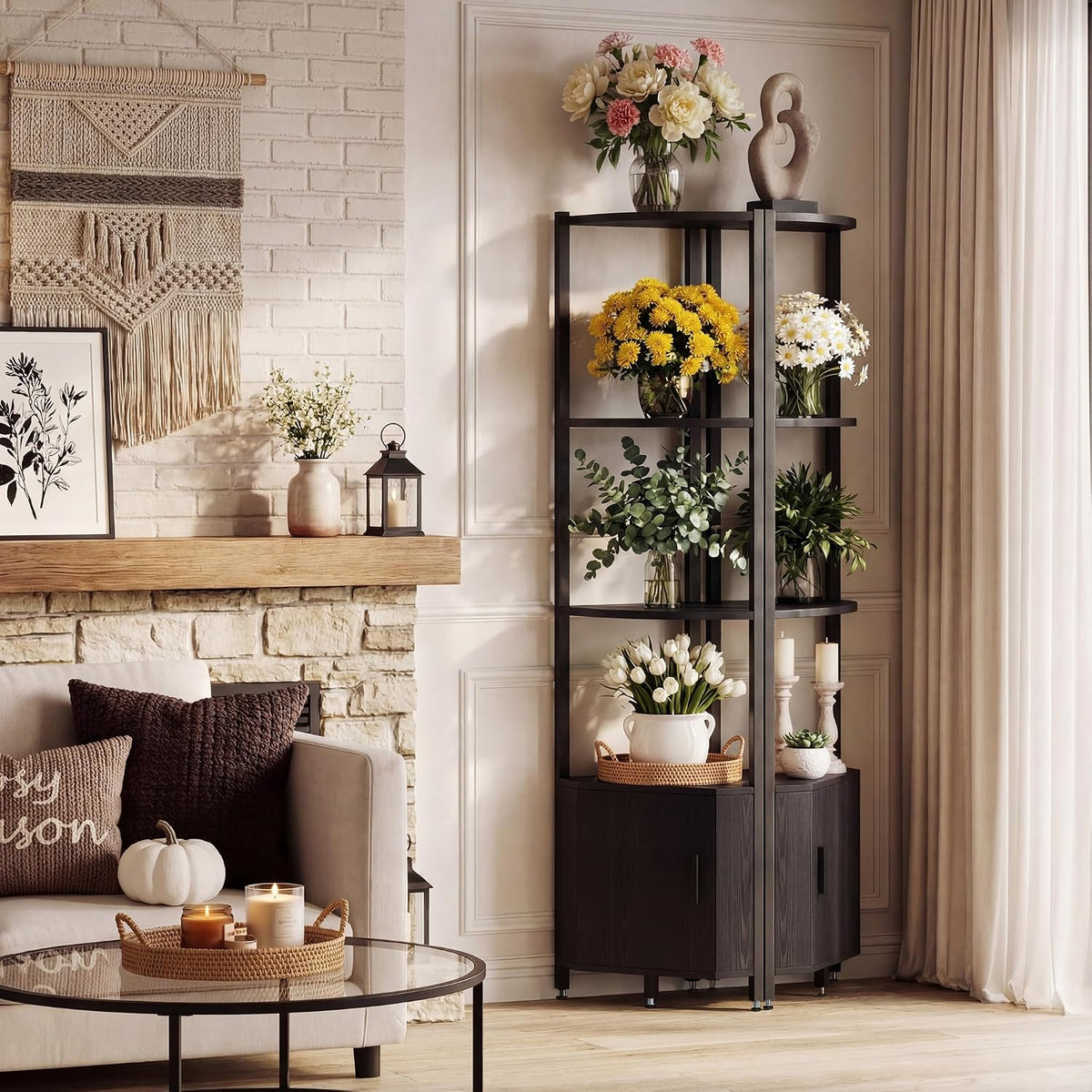 Corner Shelf with Storage, LED Lights 6-Tier Corner Bookshelf, 66'' Organizer Book Shelf Shelves Steel Frame Display Stand with Living Room, Bedroom, Study, Black