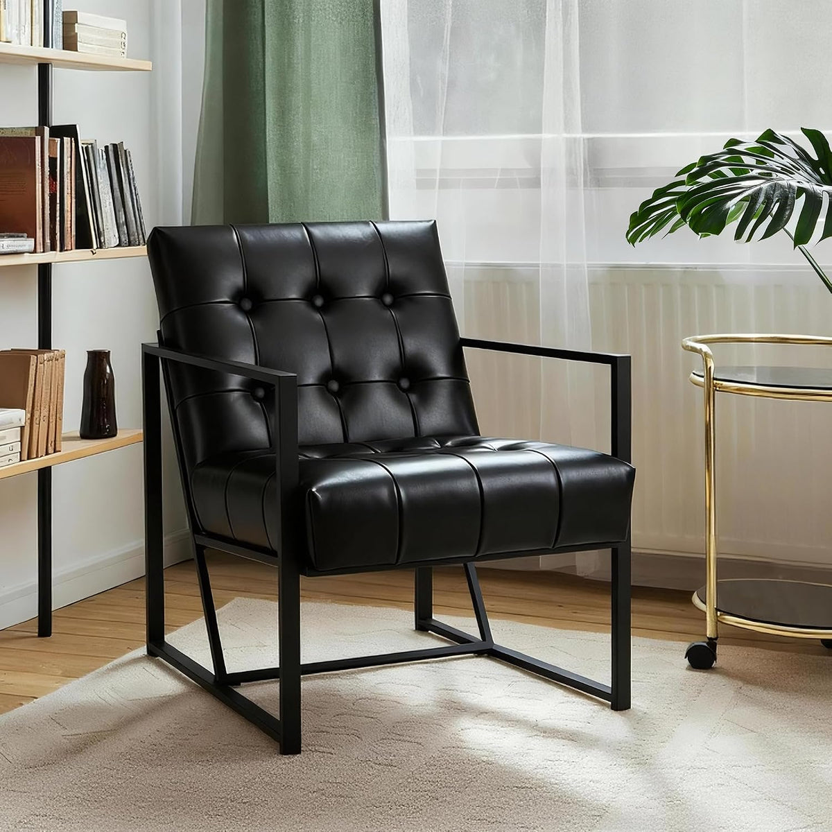Glitzhome Mid Century Modern Accent Chair, Comfy Living Room Chair with Durable Metal Frame,PU Leather Cushioned, Reading Armchairs for Living Room, Bedroom, Home Office, Black