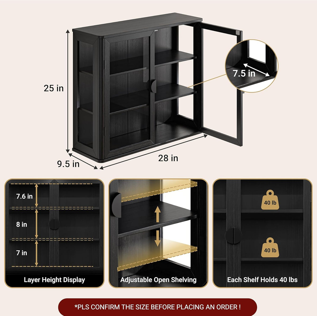 FIMELLO 28’’W Wall Cabinet with Tempered Glass Doors, Bathroom Cabinet Wall Mount, Kitchen Wall Cabinet, Floating Cabinet for Bathroom, Wall Mount Salon Station for Barber, Beauty, Black