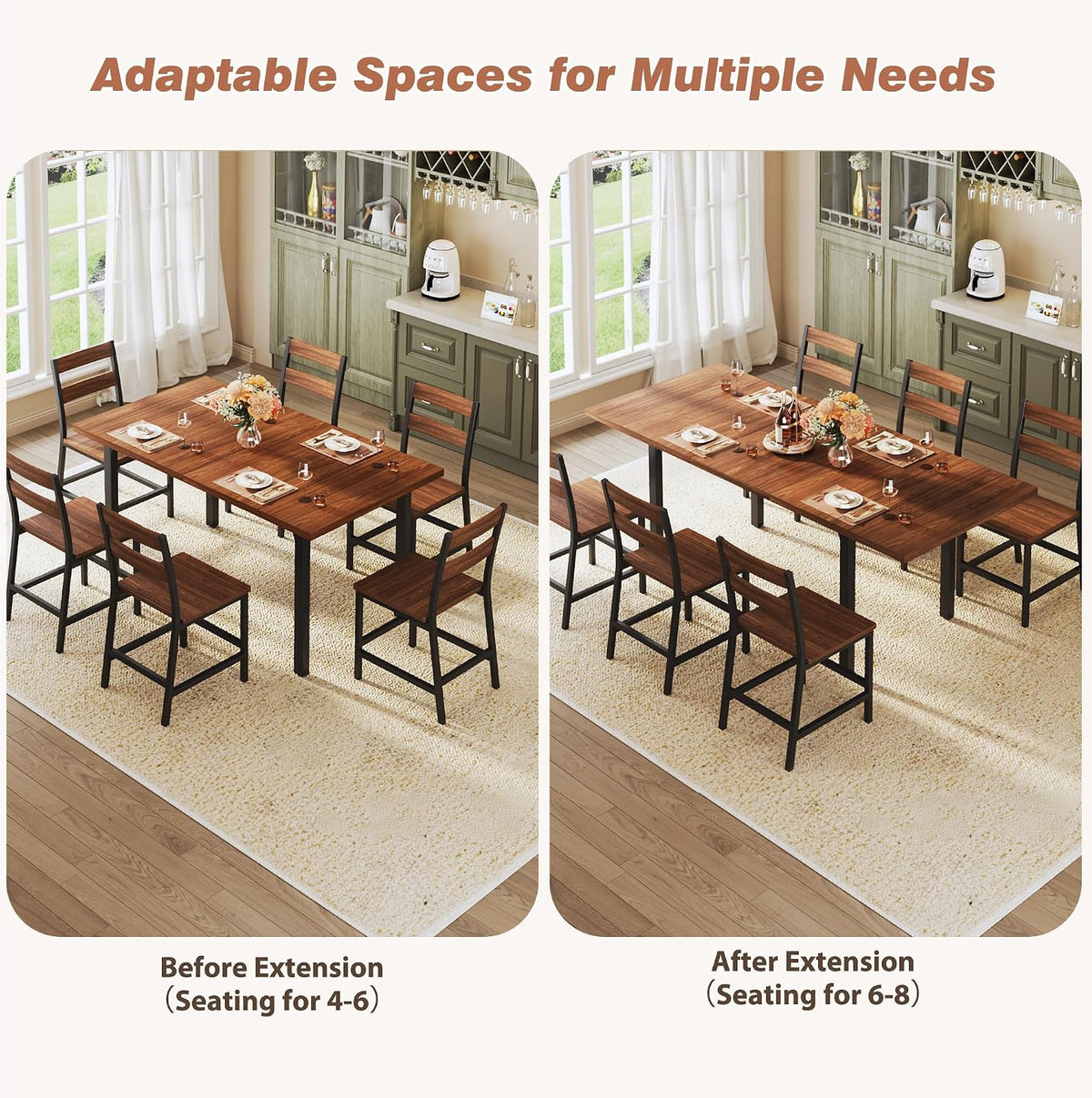 ALEXNUTRE 7-Piece Dining Table Set for 4-6, 63" Large Extendable Kitchen Table Set with 6 Chairs, Curved Backrest, Dining Room Table with Solid Metal Frame & MDF Board, Easy Assembly, Walnut