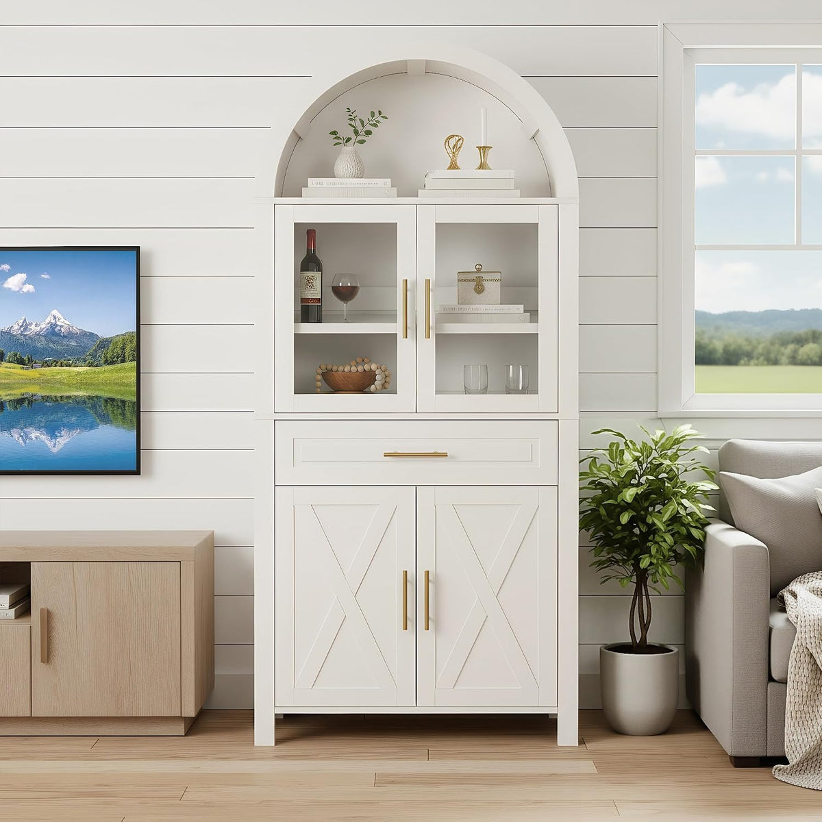 GDFStudio 71" Tall Arched Cabinet with Glass Door & Barn Door Design, Modern Farmhouse Storage Cabinet with Adjustable Shelves - White