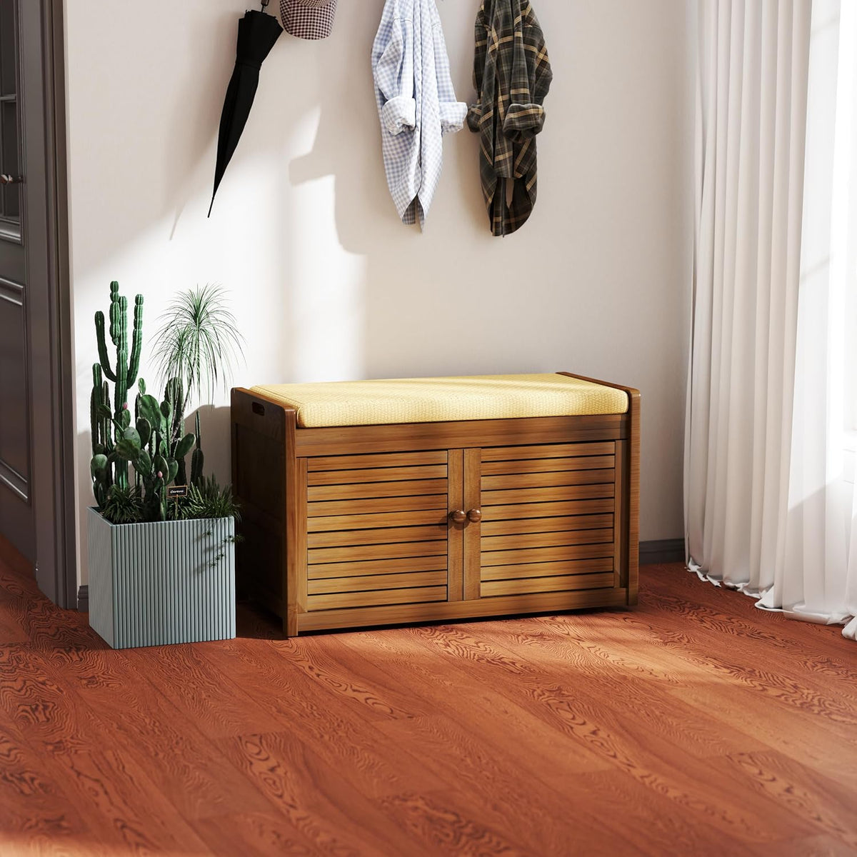 Wilk Shoe Storage Bench, 2-Tier Shoe Cabinet with Padded Seat Cushion, Bamboo Entryway Bench with 2 Doors (31.49’’(L) x13.78’’(W) x18.9''(H))