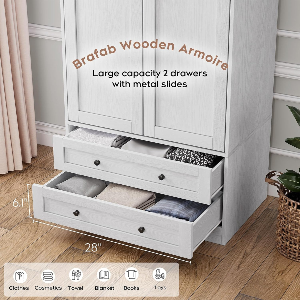 Brafab 2 Doors Wooden Armoire Wardrobe Closet with 2 Drawers, White | 2 Modern Doors, Freestanding, with Drawers and Hanging Rail, Wooden Storage Cabinet with Shelf, for Bedroom