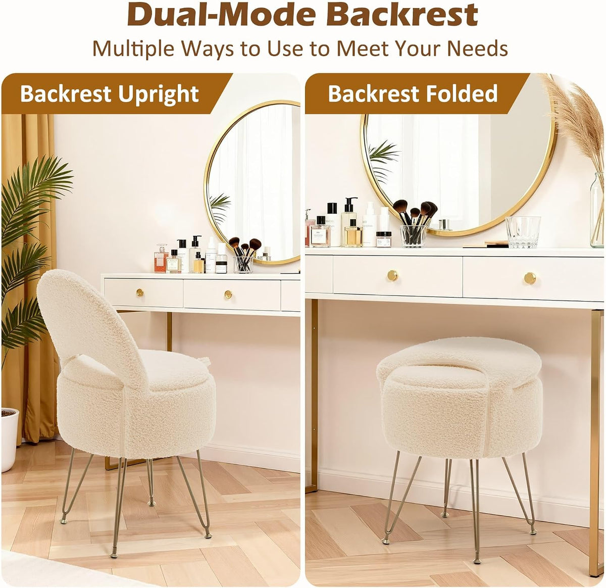 Korser Vanity Stool Chair with Storage and Folding Back, 13"x13"x27.6" Round Faux Fur Comfy Ottoman, 4 Metal Legs with Anti-Slip Feet, Makeup Chair for Living Room, Bedroom, Dressing Room