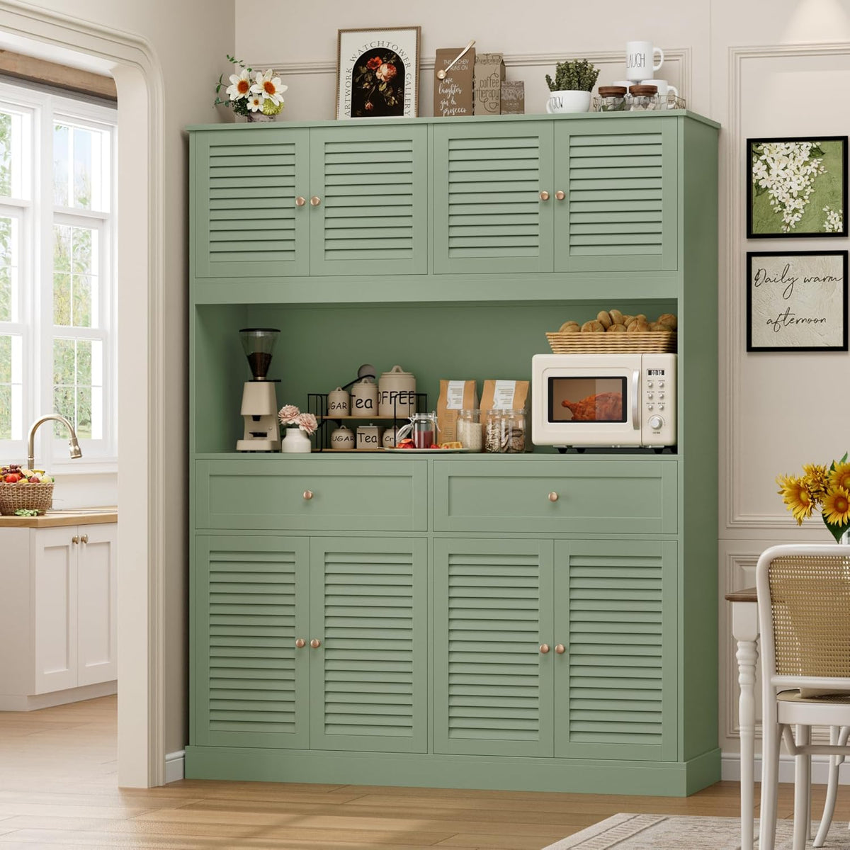HIFIT 71“HX55“W Large Pantry Cabinet for Food Storage, Farmhouse Kitchen Hutch with Storage Drawers, Tall Kitchen Pantry Cabinet with Microwave Stand for Dining Living Room, Green