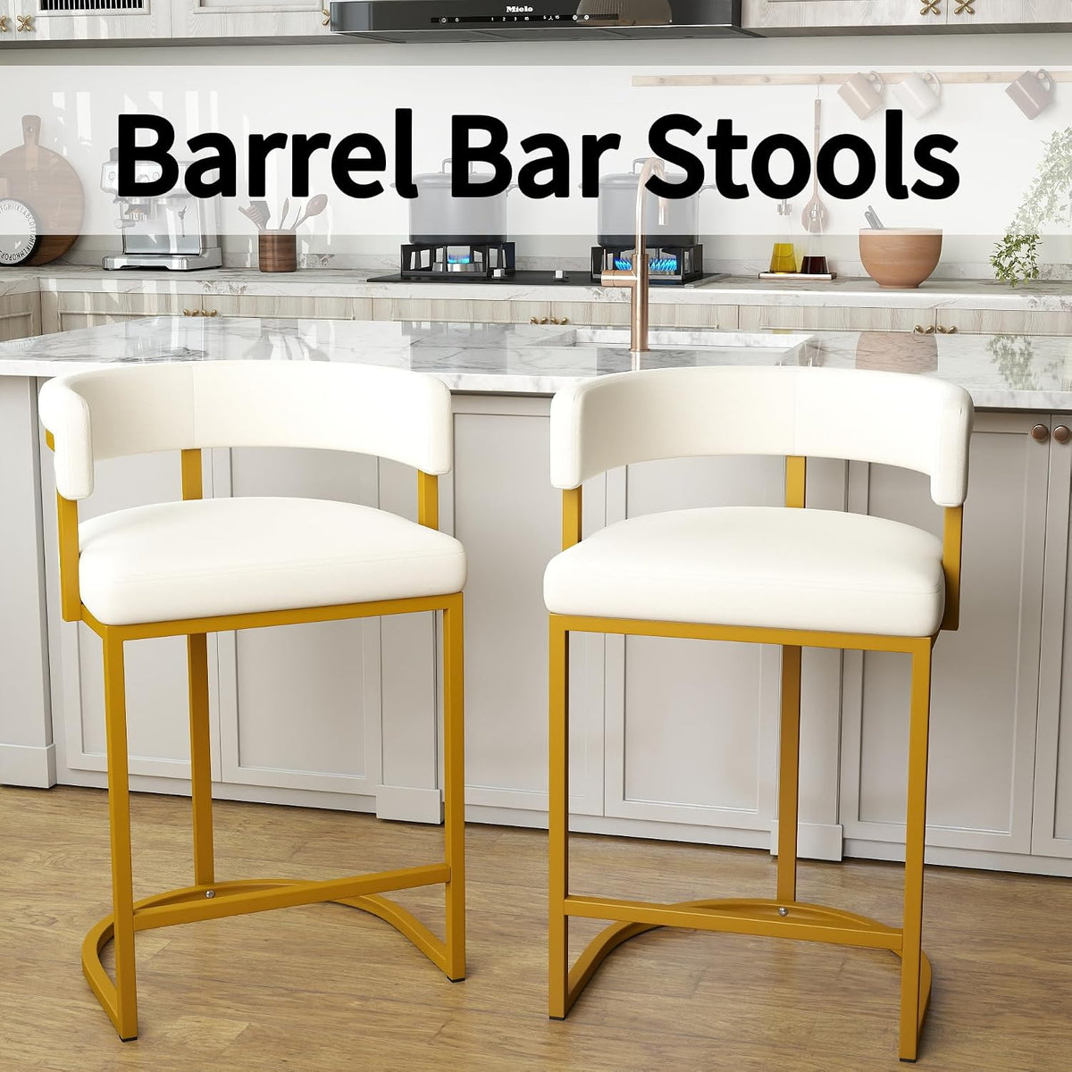Modern Barrel Bar Stools Set of 2, 24" Velvet Counter Height Stools with Comfy Back and Arms, Sherpa Upholstered Kitchen Island Chair for Home Bar, Ivory