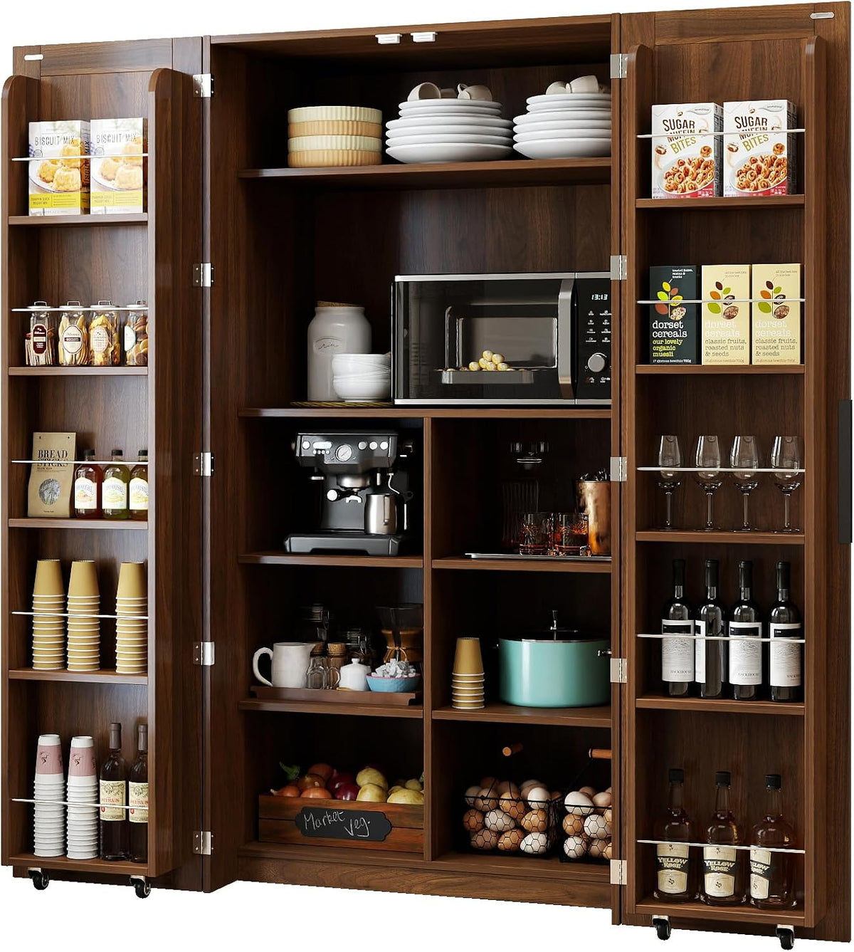 62.8''H Tall Kitchen Pantry Cabinet, Freestanding Buffet Cupboards Sideboard with Doors & Door Shelves, Farmhouse Storage Pantry for Kitchen Living Room Dinning Room, Walnut