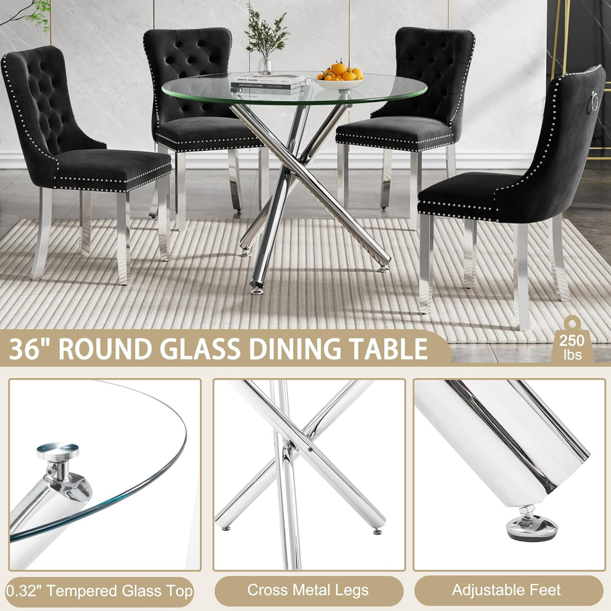 Modern Round Dining Table for 2 4 People, 36 in Glass Kitchen Dining Room Table with Silver Metal X-Shaped Legs, Space Saving Circle Dinner Tables for Dining Room, Kitchen, Living Room
