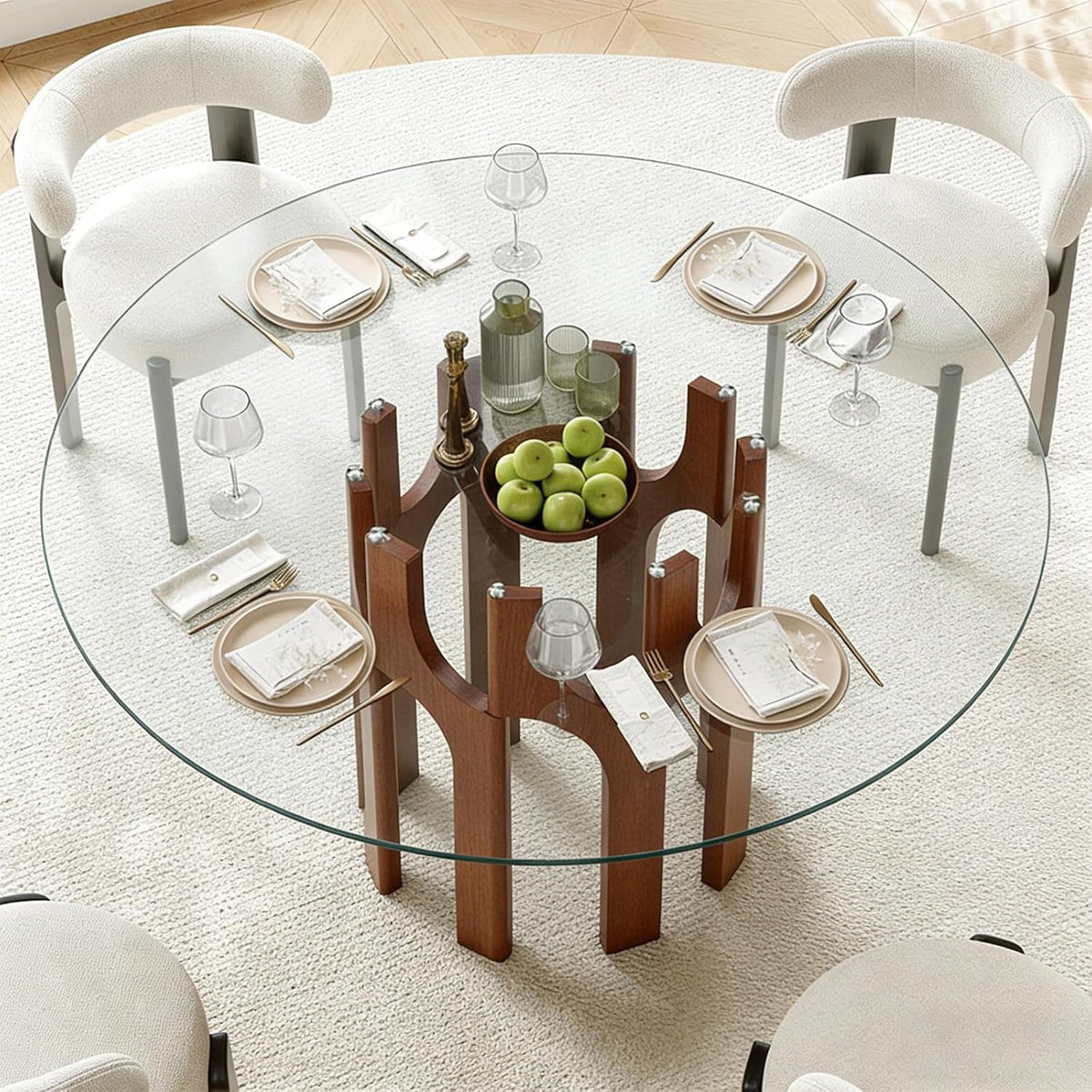 Round Glass Dining Table for 4-6, Modern 46-Inch Kitchen Table with Sturdy Pedestal Base & Clear Tempered Glass Top, Circle Dinner Table for Dining Room, Living Room & Small Apartment (Walnut)