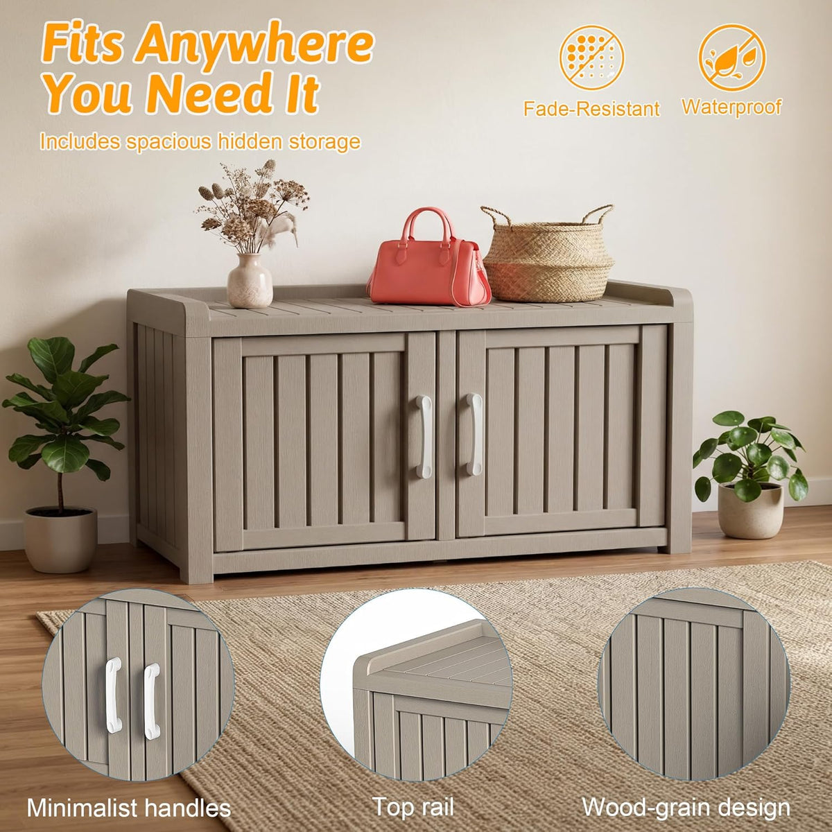 2-Tier Storage Bench, Waterproof UV-Resistant Outdoor Shoe Storage Cabinet, Outdoor Shoe Rack with 2 Doors & Adjustable Shelves for Indoor Outdoor Entryway, Hallway, Living Room (Grey)
