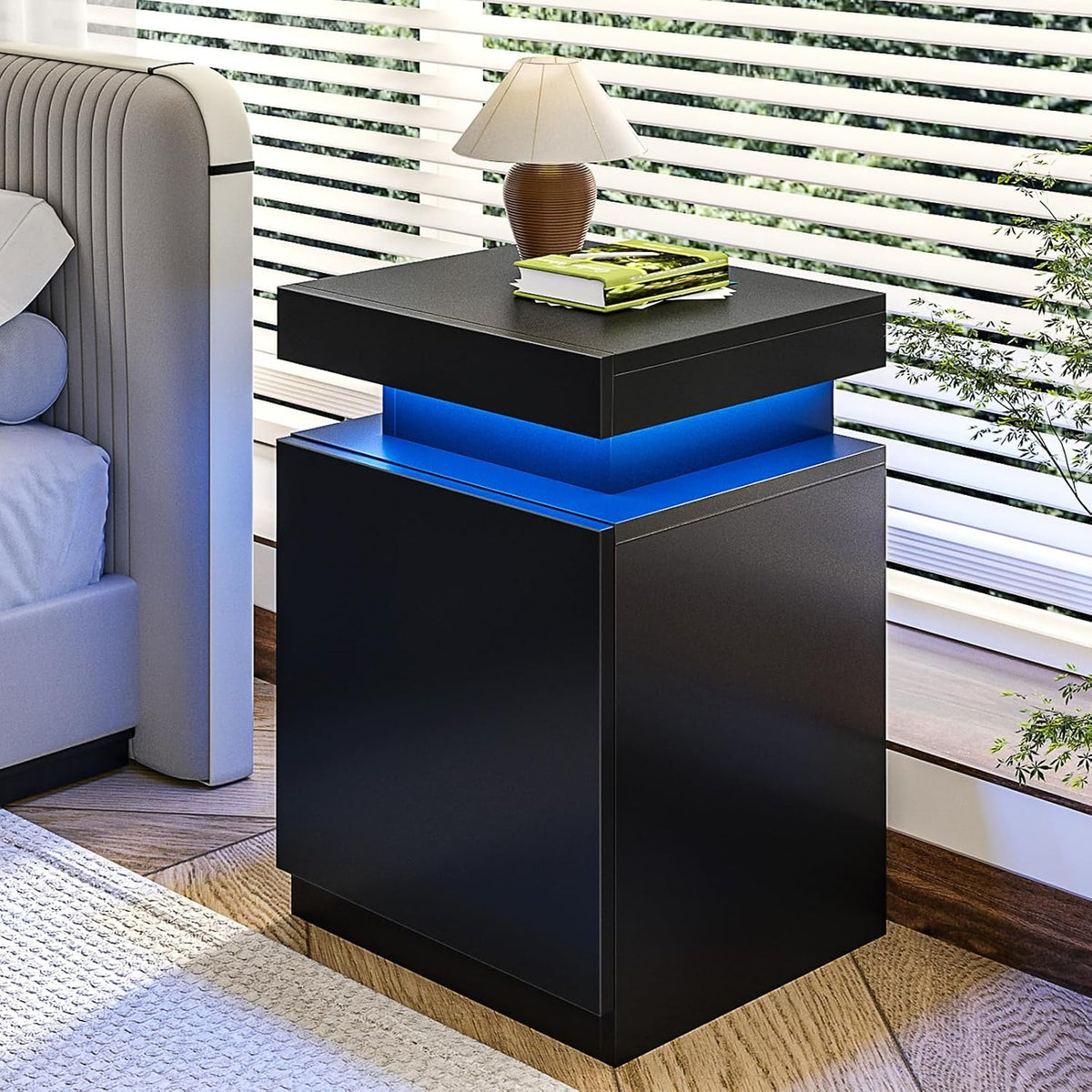 MXV Nightstand with LED Lights & Charging Station, Black Bedside Tables with USB Ports, Storage Cabinet & Drawers for Bedroom, Modern End Tables for Living Room(24 in Tall)