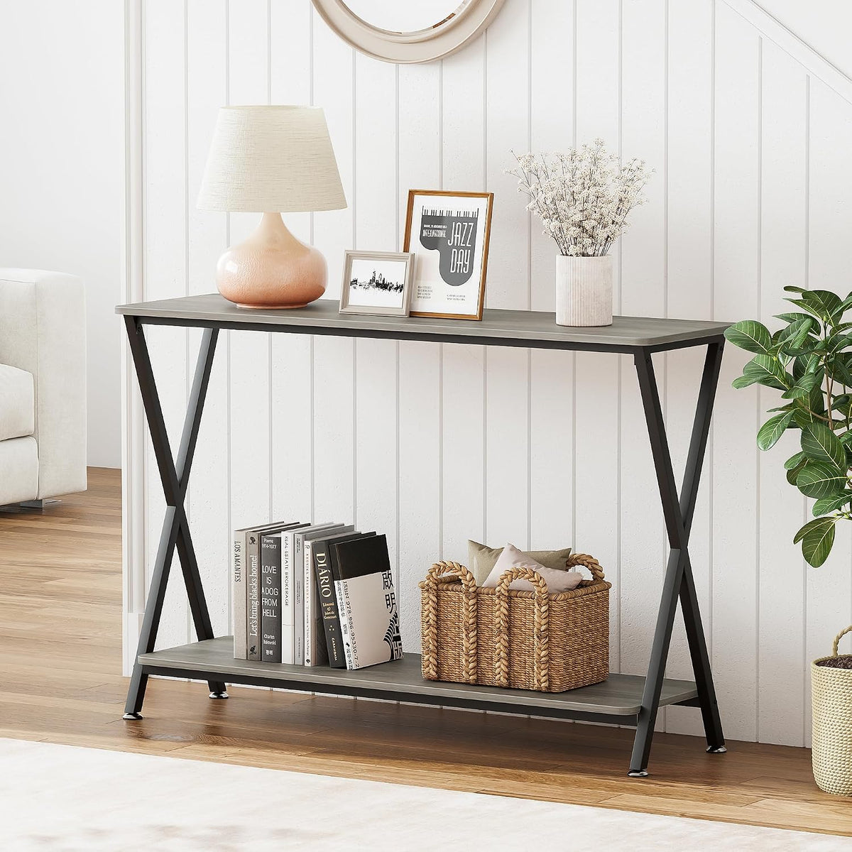 41.3” Narrow Console Table with 2-Tier Open Shelves, Farmhouse Sofa Table for Entryway, Hallway or Living Room, Space-Saving Storage Table for Behind Couch,Gray