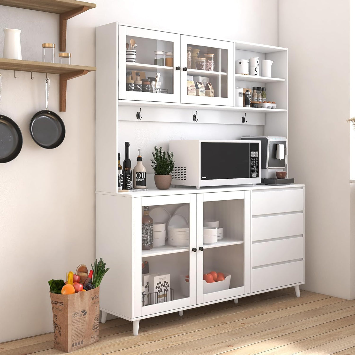 Large Freestanding Hutch Cabinet, Tall Pantry Storage with 4 Doors, 4 Drawers and Microwave Shelf, White Standing Kitchen Cupboard for Dining Room and Kitchen Organization (White)