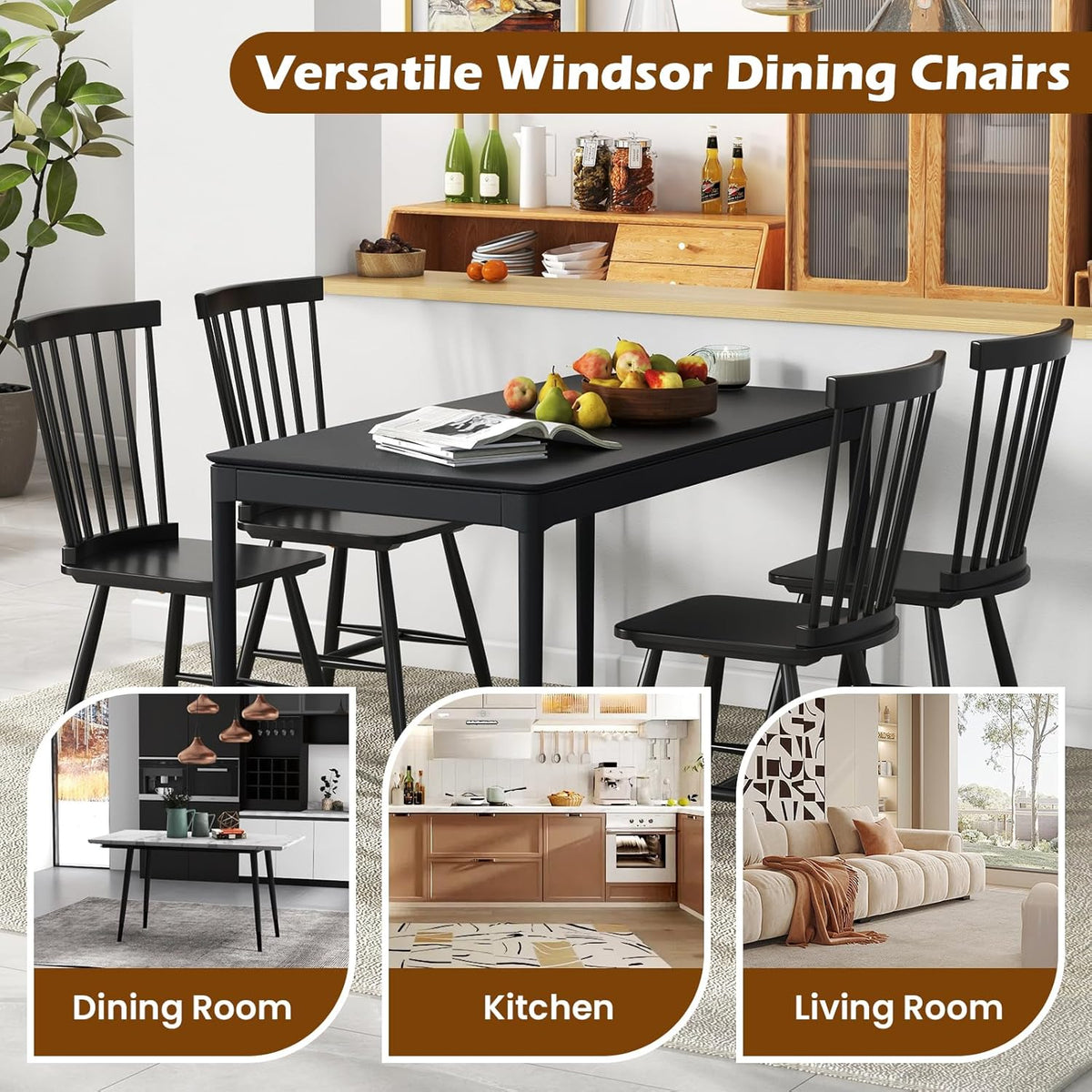 KOTEK Windsor Dining Chairs Set of 4, Wooden Kitchen Chairs with Spindle Back & Wide Seat, 400 LBS Weight Capacity, Armless Side Chairs for Dining Room, Living Room