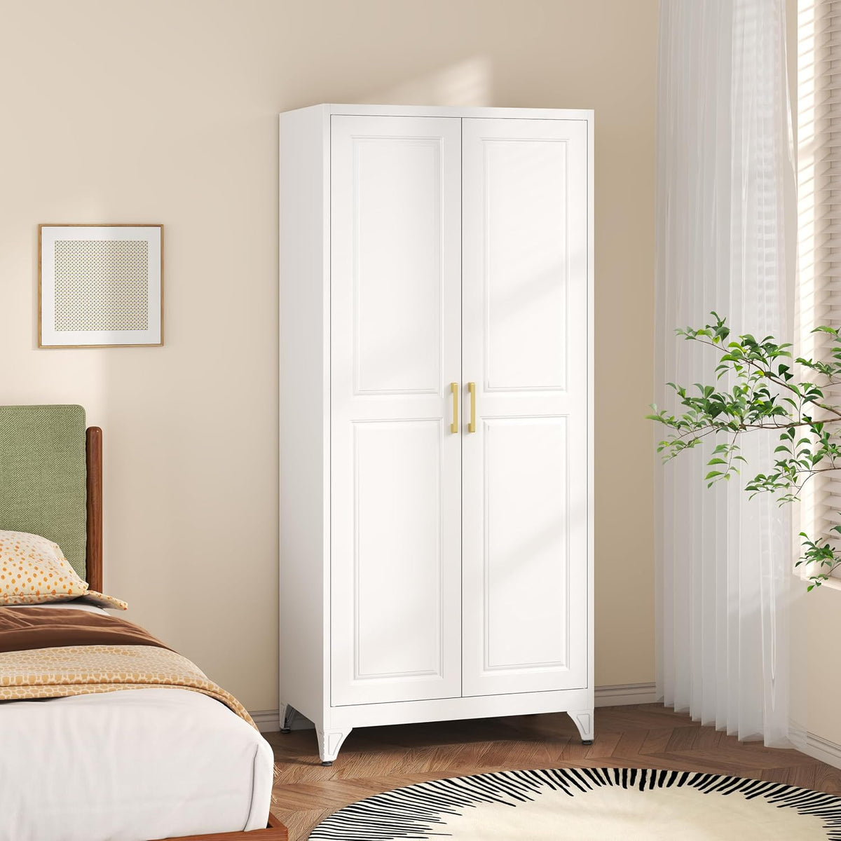 SteeLoong Metal Wardrobe Cabinet with Hanging Rod, 71" Tall Armoire Wardrobe Closet with 2 Doors and Adjustable Shelves, White Clothing Storage Cabinets for Bedroom, Laundry Room, Cloak Room