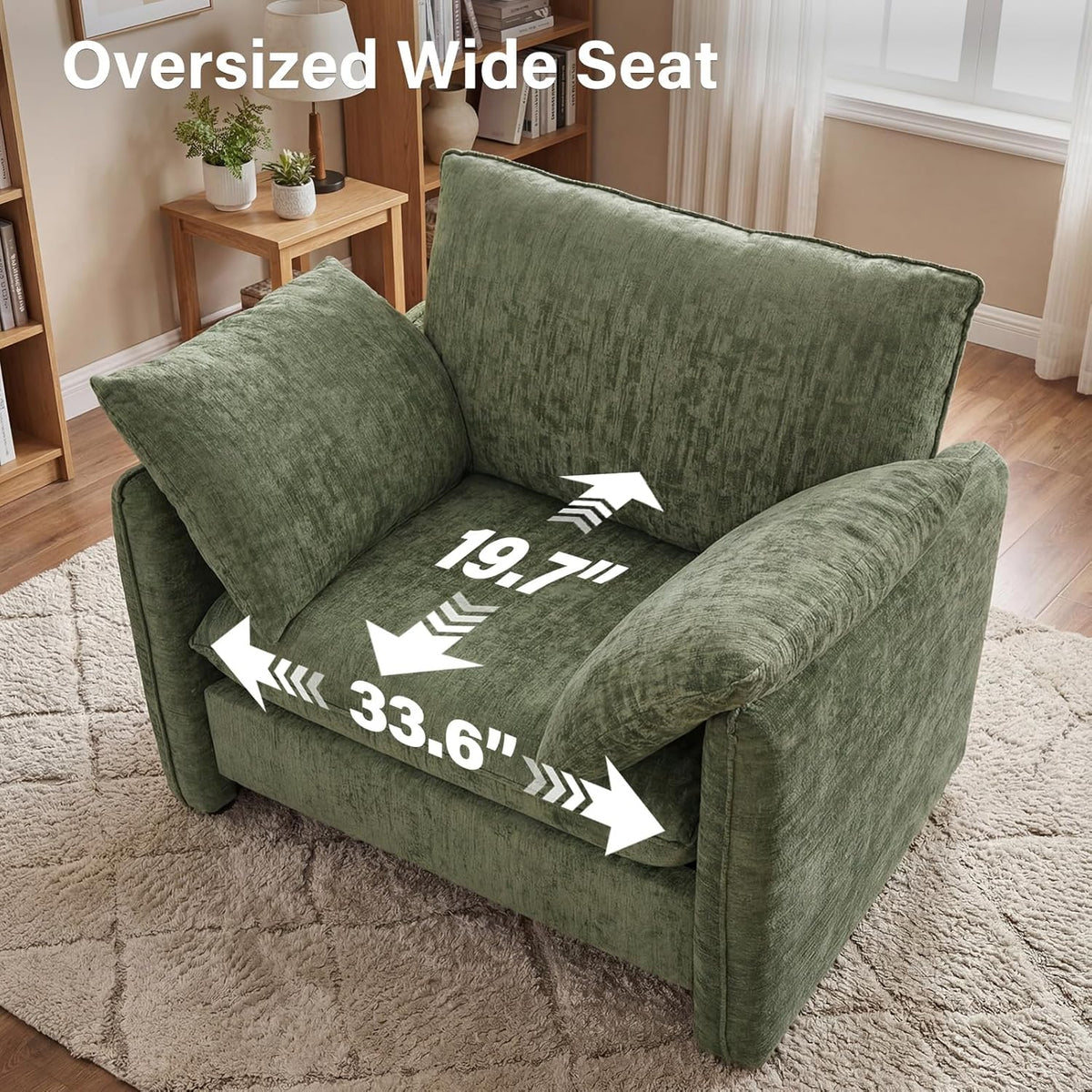 Elegant Oversized Accent Chair for Living Room, 42.1", Chenille, Green | Modern Upholstered Piping Single Reading Armchair with Cushion Backrest and 2 Pillows for Bedroom, Office, Reception Area
