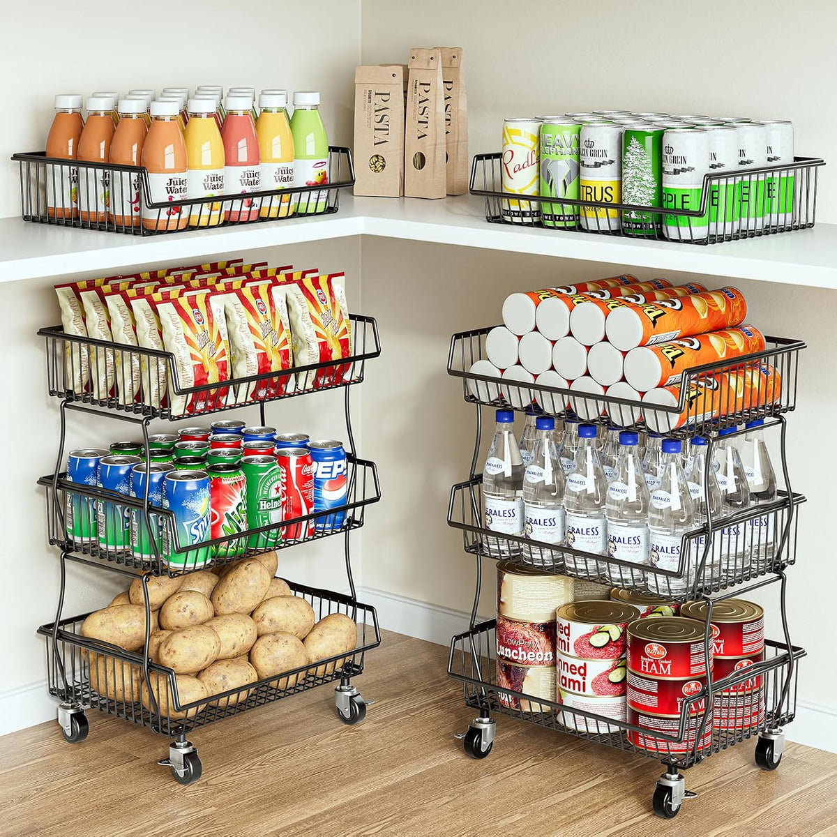 OKZEST Pantry Organizers and Storage Cart with Upgraded Metal Hub Casters | Fits under pantry shelf, stackable fine-mesh wire baskets, 3-tier rolling cart holds drink, snack, can, potato, onion, fruit