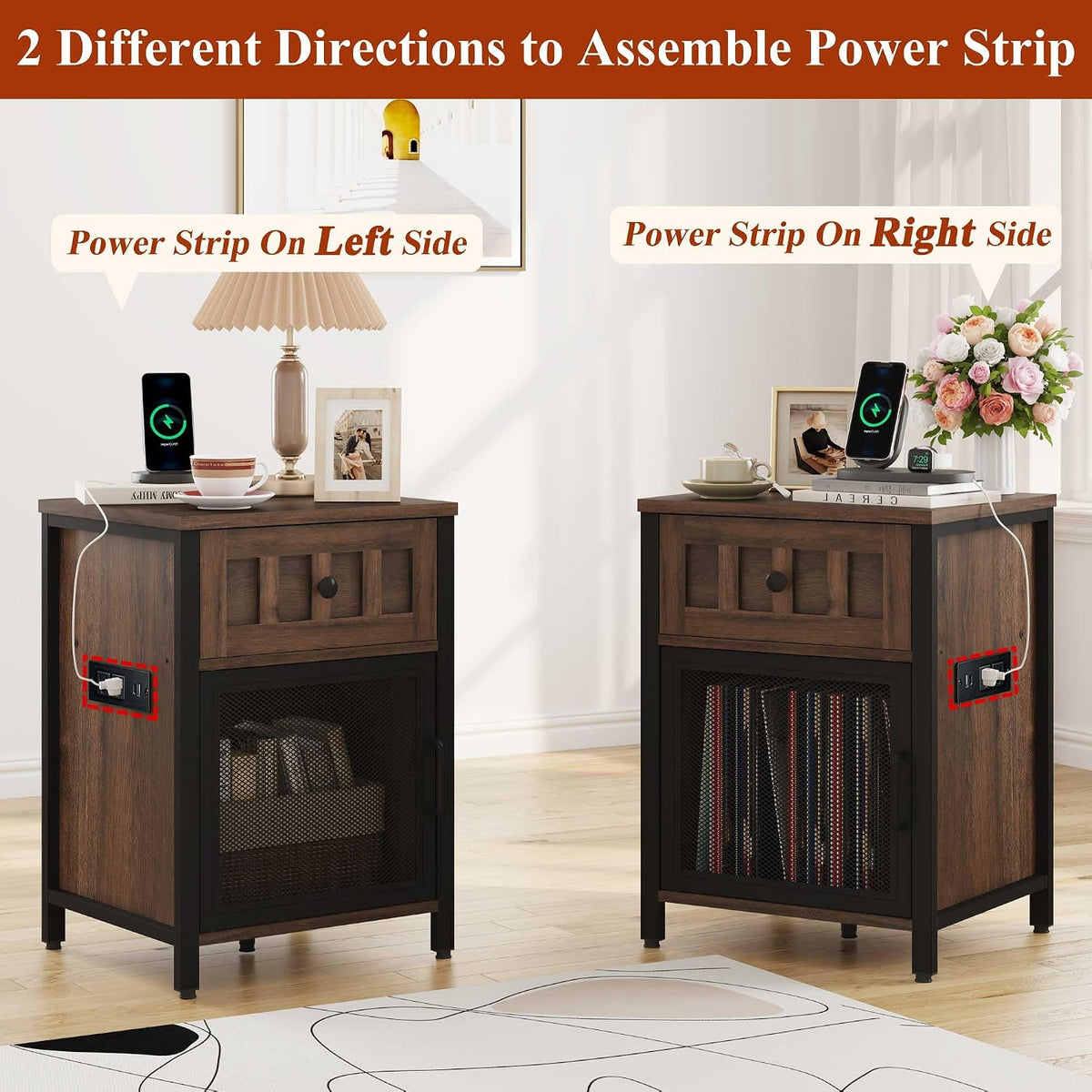 FATORRI End Table with Charging Station, Farmhouse Side Table with Drawer, Rustic Wood and Metal Nightstand and Bedside Tables for Living Room (Rustic Brown)