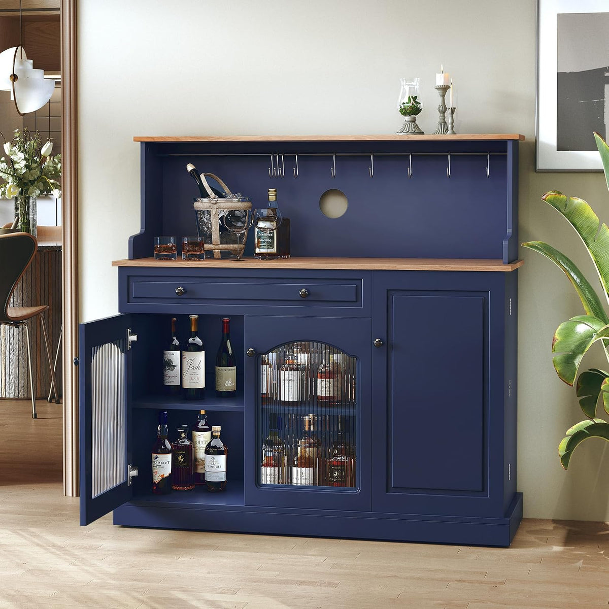 ARTPOWER 48" Farmhosue Coffee Bar Cabinet with Hutch, Wine Cabinet，Blue | Modern Buffet Cabinet with Drawer Storage & Shelves, Wine Bar Table with 3 Glass Doors for Living Room, Metal Hooks & handles