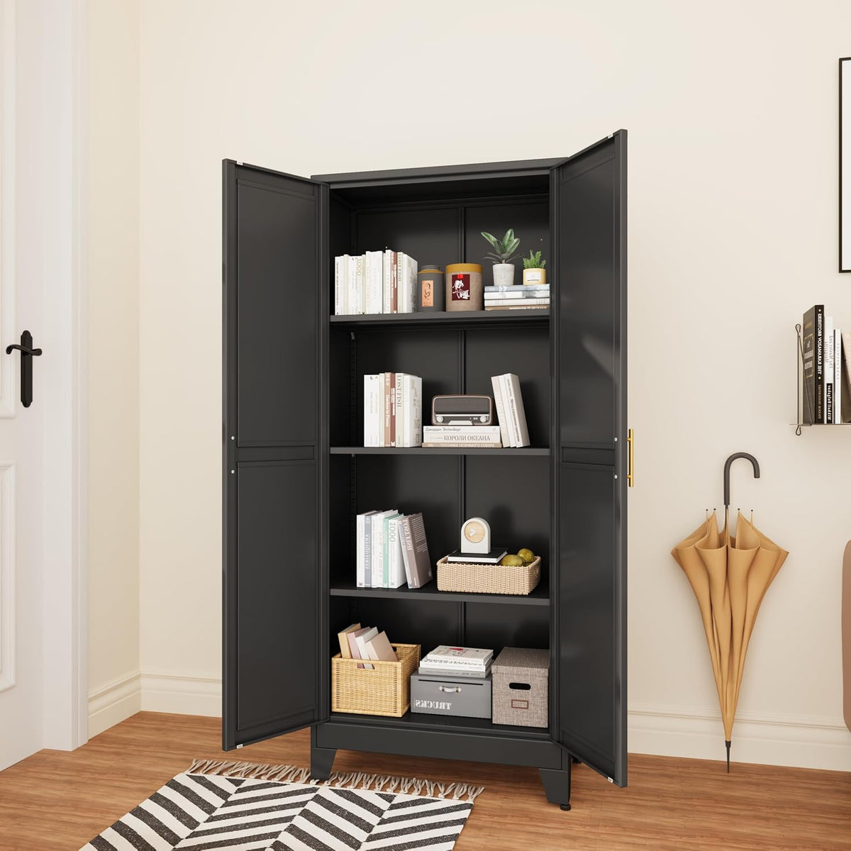 Metal Storage Cabinet with Doors and Shelves, 61.02" Tall Kitchen Pantry Storage Cabinet for Food, Large Freestanding Pantry Closet for Kitchen, Dining Room, Living Room (Black)