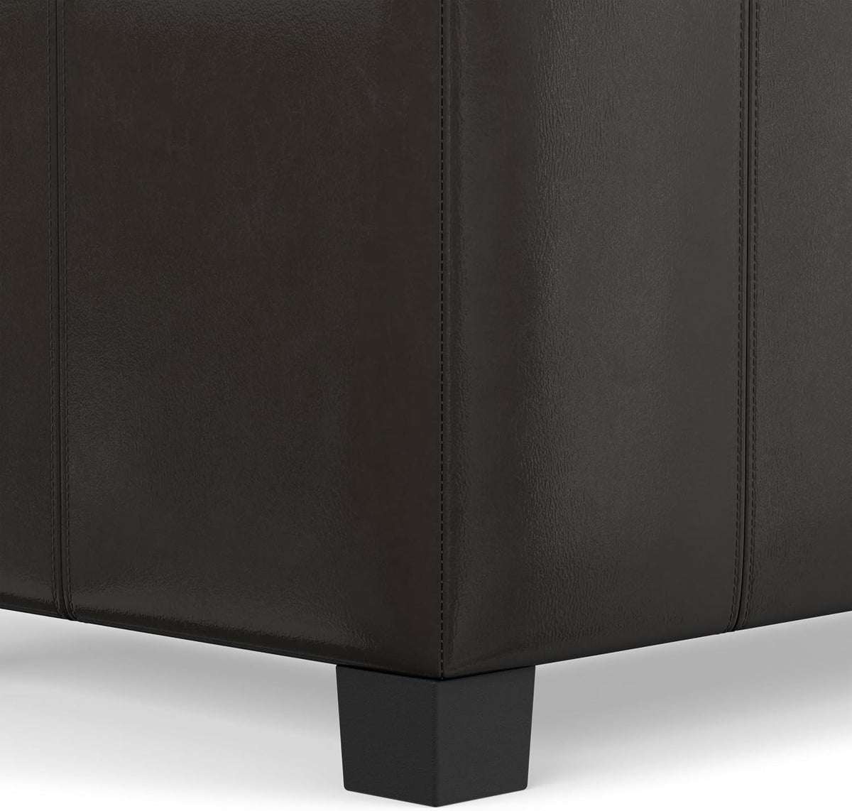 SIMPLIHOME Dover 36" Wide Vegan Leather Storage Ottoman in Tanners Brown | Contemporary ottoman with lift-top and safety hinges; upholstered rectangle storage bench for living room and entryway.