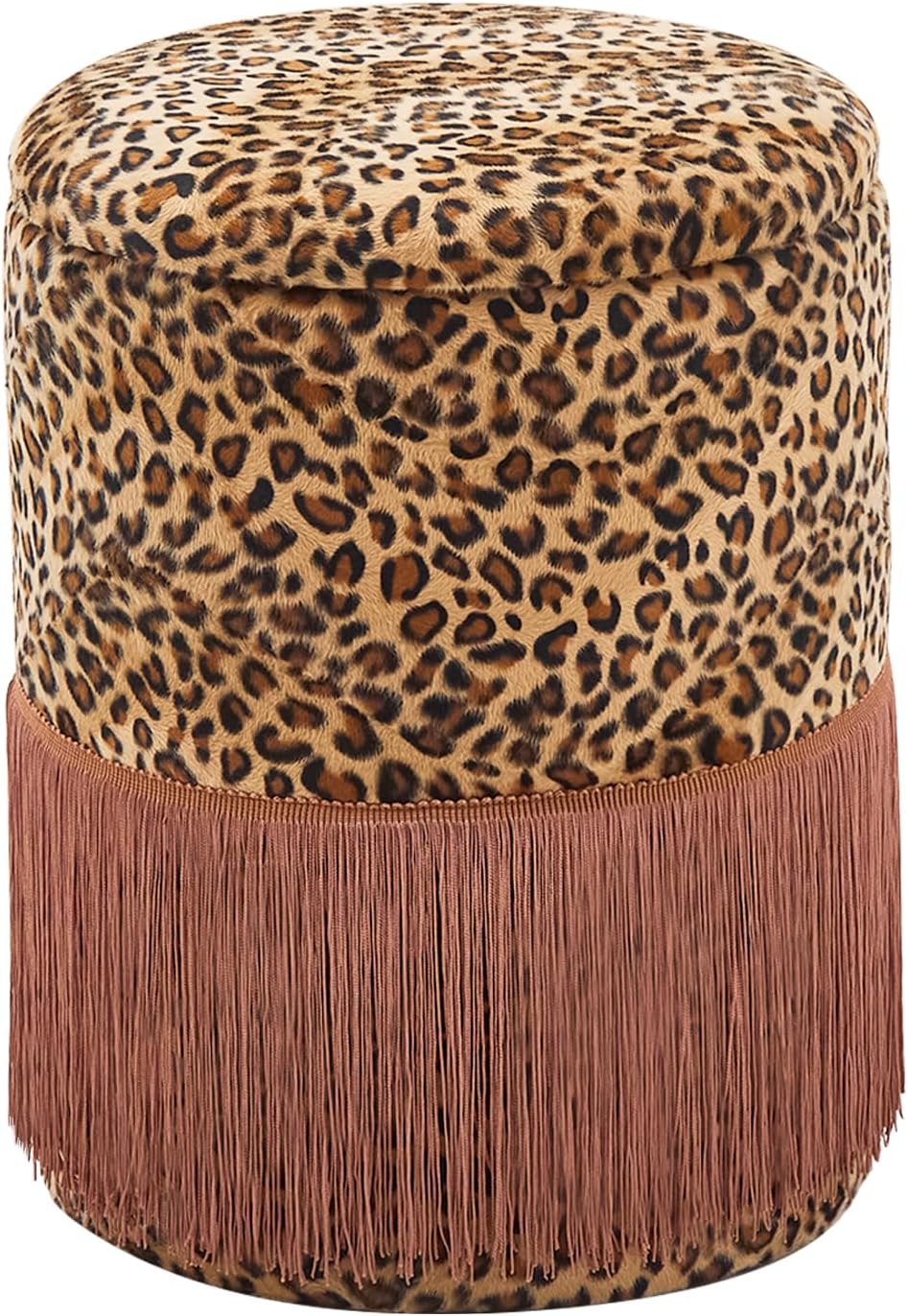 Round Leopard Print Fringe Ottoman with Storage, Farmhouse Tassel Velvet Footrest Stool, Flip Top Vanity Ottoman Chair for Living Room Bedroom