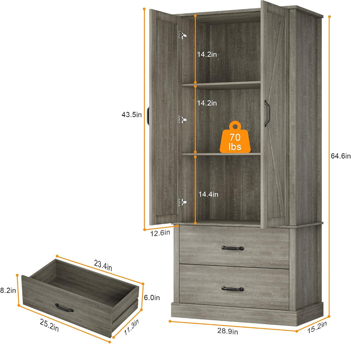 Takywep Freestanding Farmhouse Pantry Cabinet with Barn Doors, Adjustable Shelves & Large Drawers,Versatile Kitchen Storage Cupboard for Dining or Living Room,Pastoral Gray