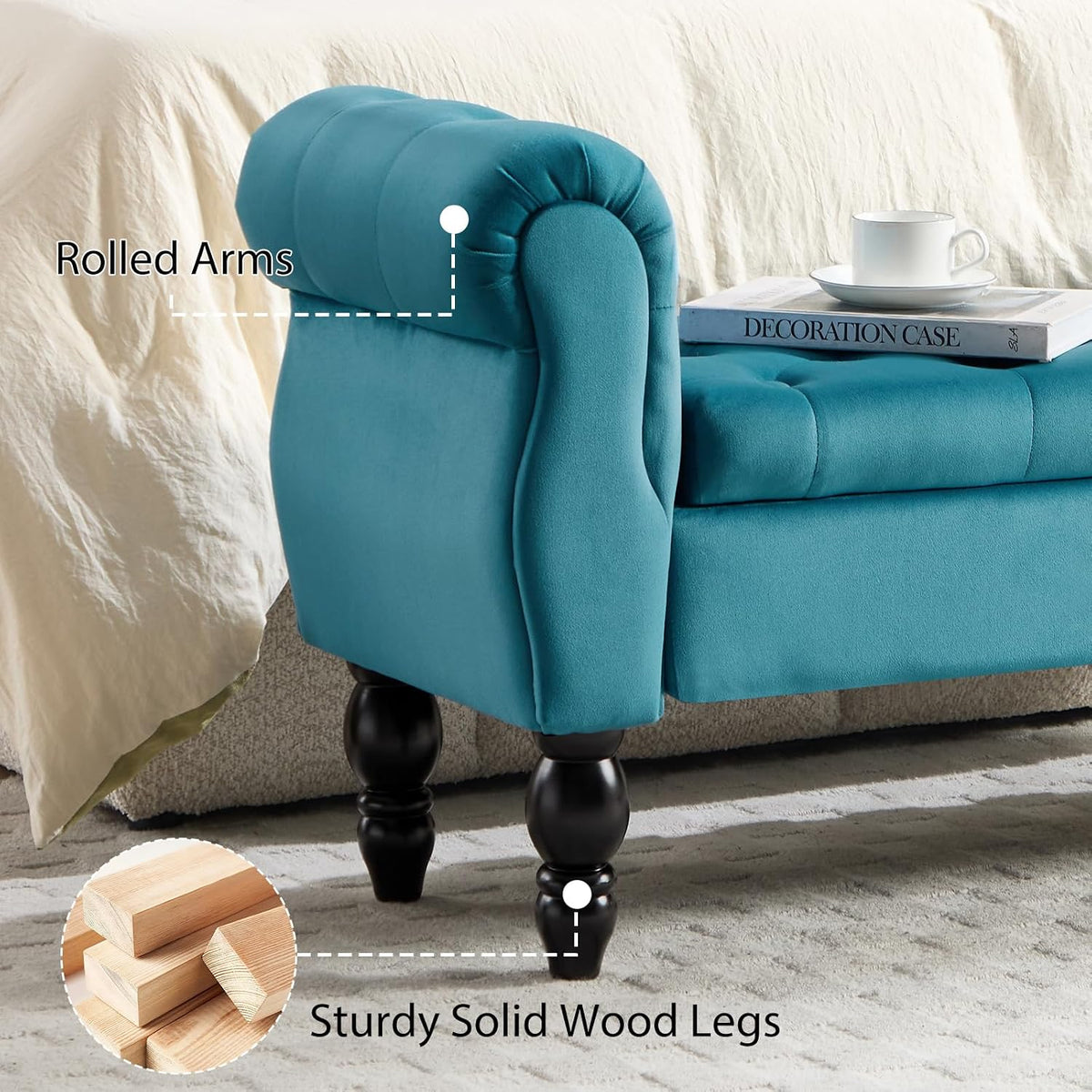 48'' Storage Bench for End of Bed, Upholstered Bedroom Bench with Arms Modern Velvet Lift-top Entryway Ottoman with Storage, Button Tufted Window Bench for Living Room, Reception, Teal