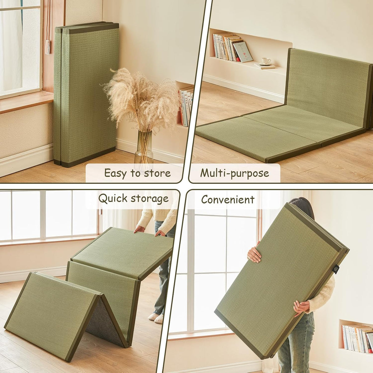 HAGiHARA Japanese Tatami Mat, Folding Rush Grass Floor Mattress | Extra Long Pile Plush Surface Creates a Soft and Cozy Home Space