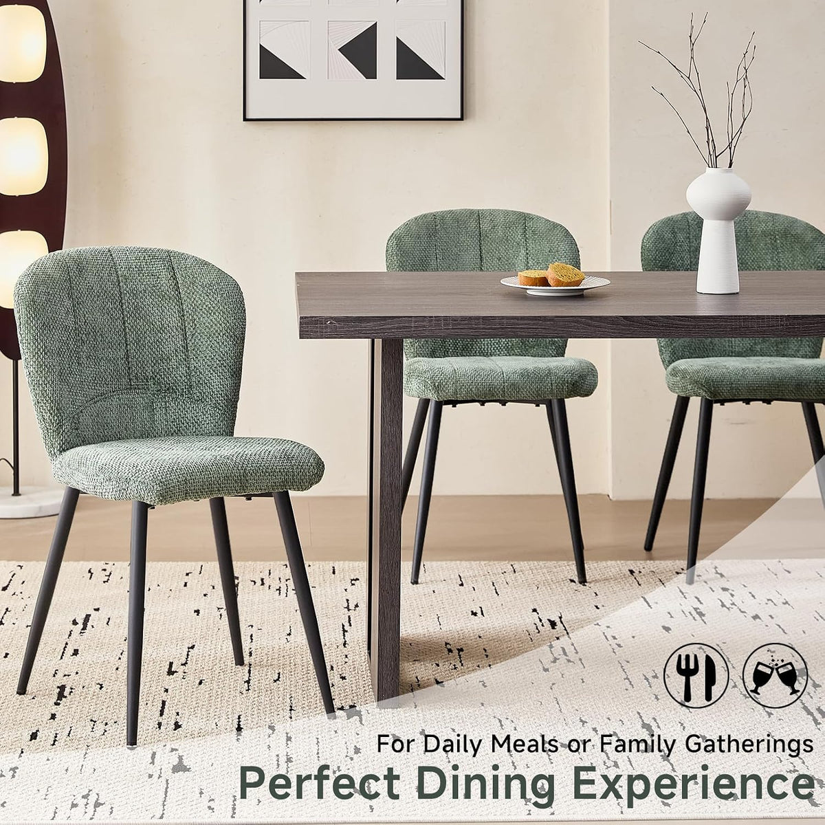 Green Chenille Dining Chairs Set of 4 Accent Chair for Kitchen | Modern Upholstered Chenille Fabric Accent Chairs for Dinner Living Room Curved Wingback Adjustable Feet(Only Chairs)