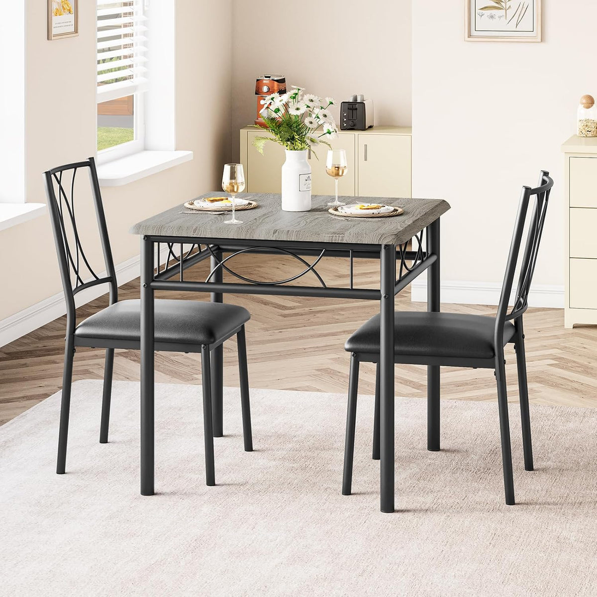 Dining Table Set for 2, Kitchen Table with 2 Upholstered Chairs, Wood 3-Piece Kitchen Dining Room Table Set for Apartment, Small Space, Space Saving, Retro Gary
