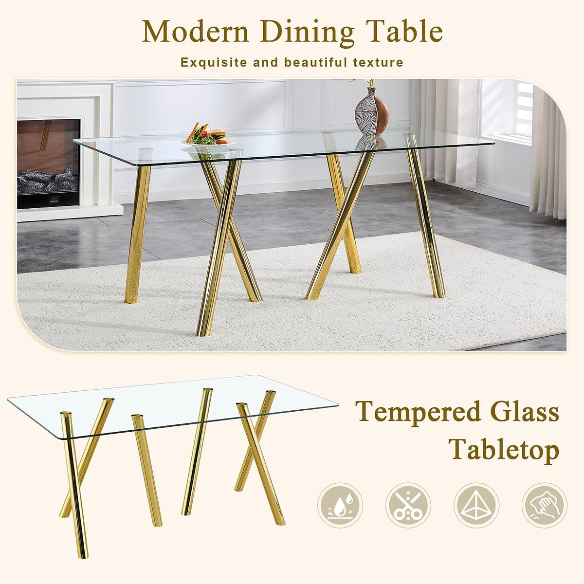 71" Glass Gold Dining Table for 6-8, Modern Dining Room Table with 0.39" Tempered Glass Top and 6 Metal Round Tube Legs, Rectangle Kitchen Dinner Table for Dining Room